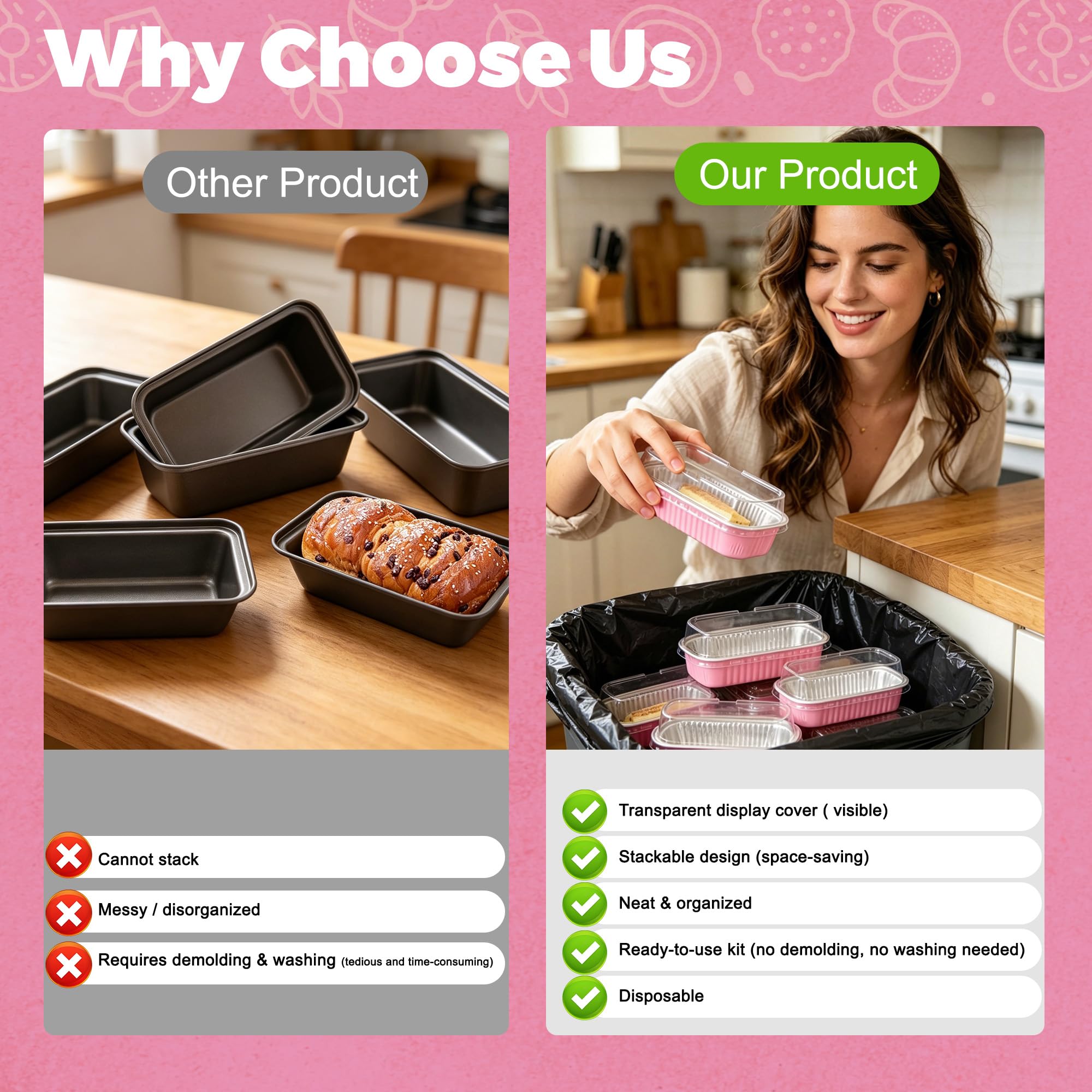 NPLUX Mini Cake Pans with Lids and Spoons, 50 Pack Pink Mini Loaf Pans with Lids, Mini Cake Containers for Baking, Mini Cheesecake and Party Desserts, Individual Cake Pans with Lids