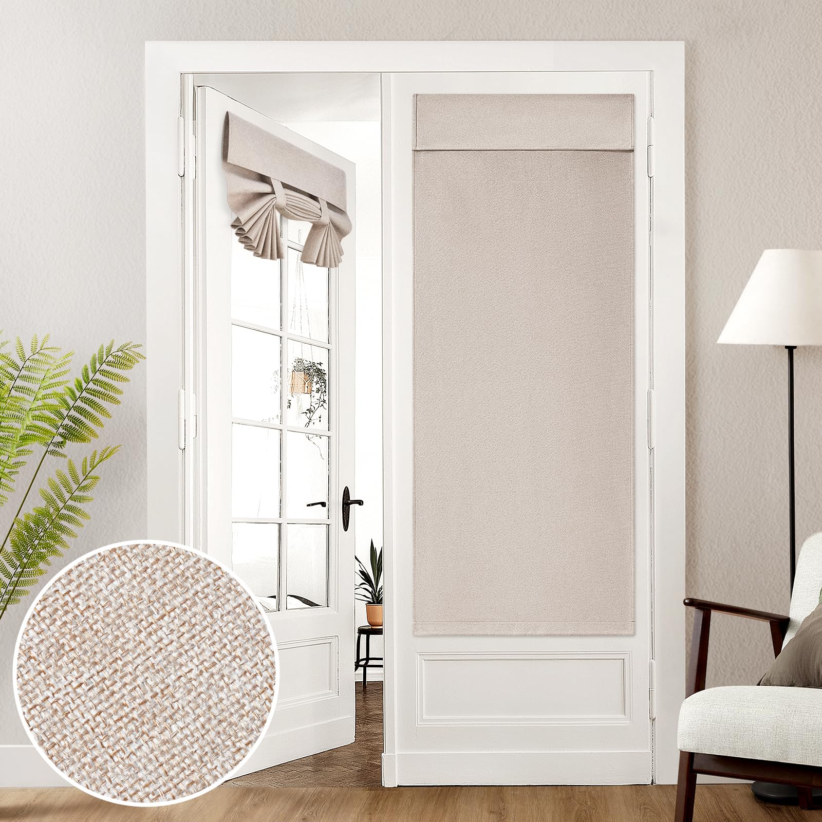 HOMEIDEAS 100% Natural Linen Blackout French Door Curtains, Privacy Door Window Curtains, 26 X 68 Inch Room Darkening Curtains, Thermal Insulated Door Shades for Bedroom, (1 Panel)