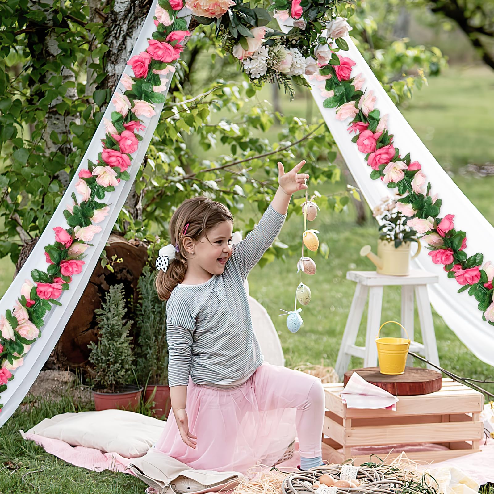 KHOYIME 5 Pack 40 FT Artificial Flower Garland, Fake Pink Roses Vines Silk Flowers Faux Plastic Outdoor Hanging Floral Ivy Garland Decoration for Wedding Arch Bedroom Home Wall Backdrop Room Decor