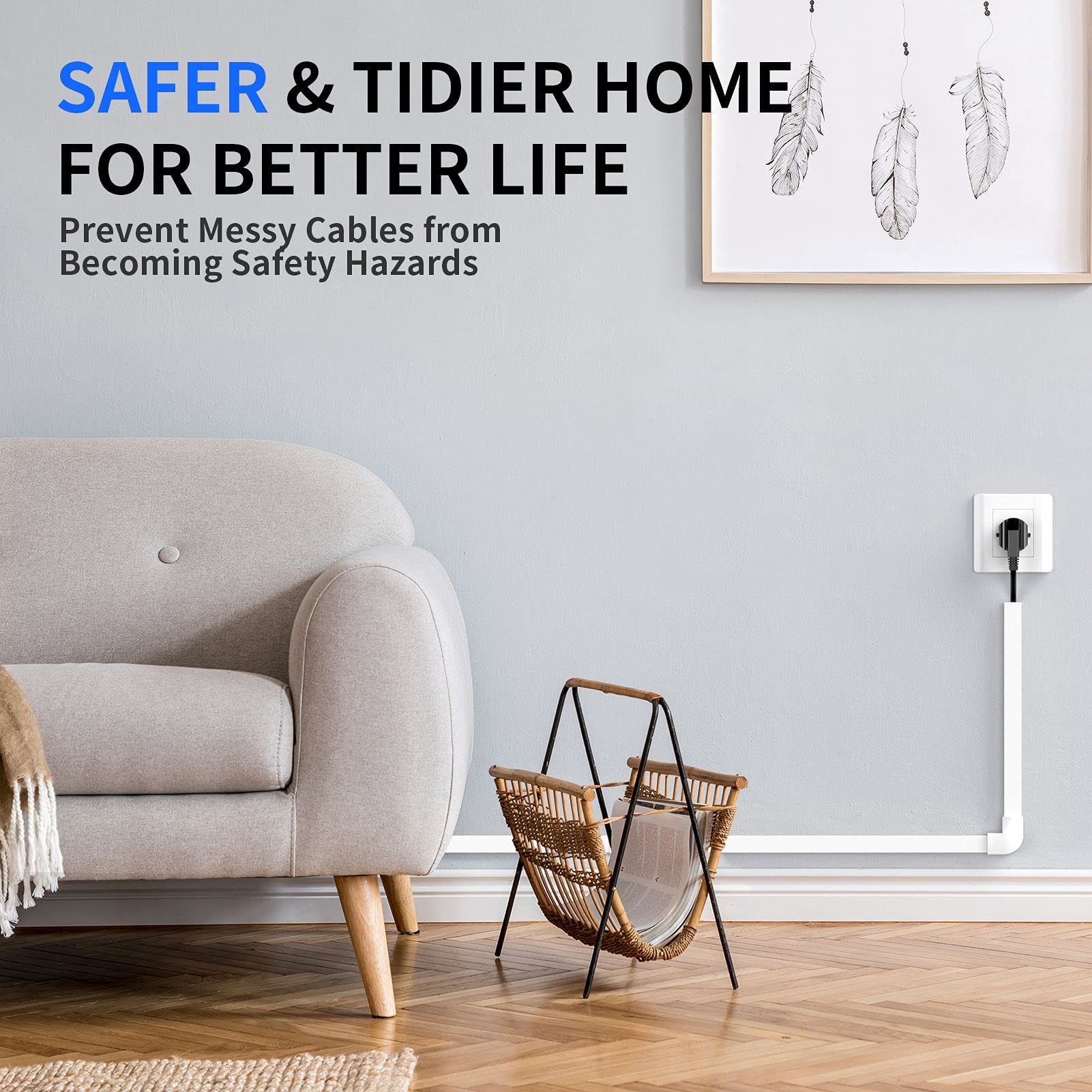 One-Cord Channel Cord Hider Wall, Delamu 142in Cable Cover, Cable Concealer Raceway, Cable Hider, Paintable Wire Covers for Wall Mounted TV, Cable Management System, 9xL15.7 W0.59 H0.4in, CC03 White