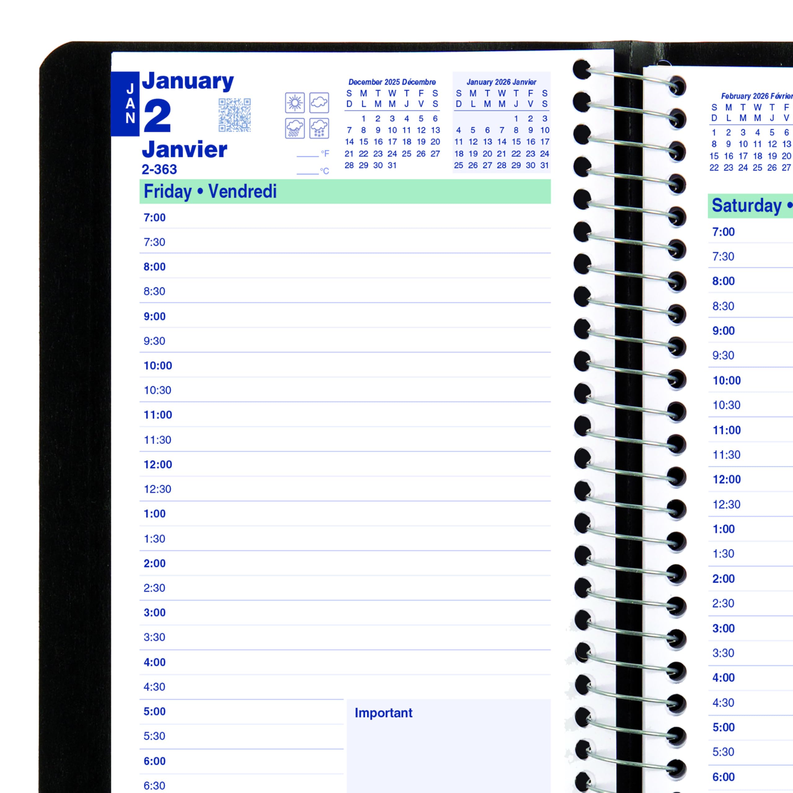 Blueline® 2026 Essential Daily Planner, Appointment Book, 12 Months, January to December, Spiral Binding, 8" x 5", Black, Bilingual (C1504.81BT-26)