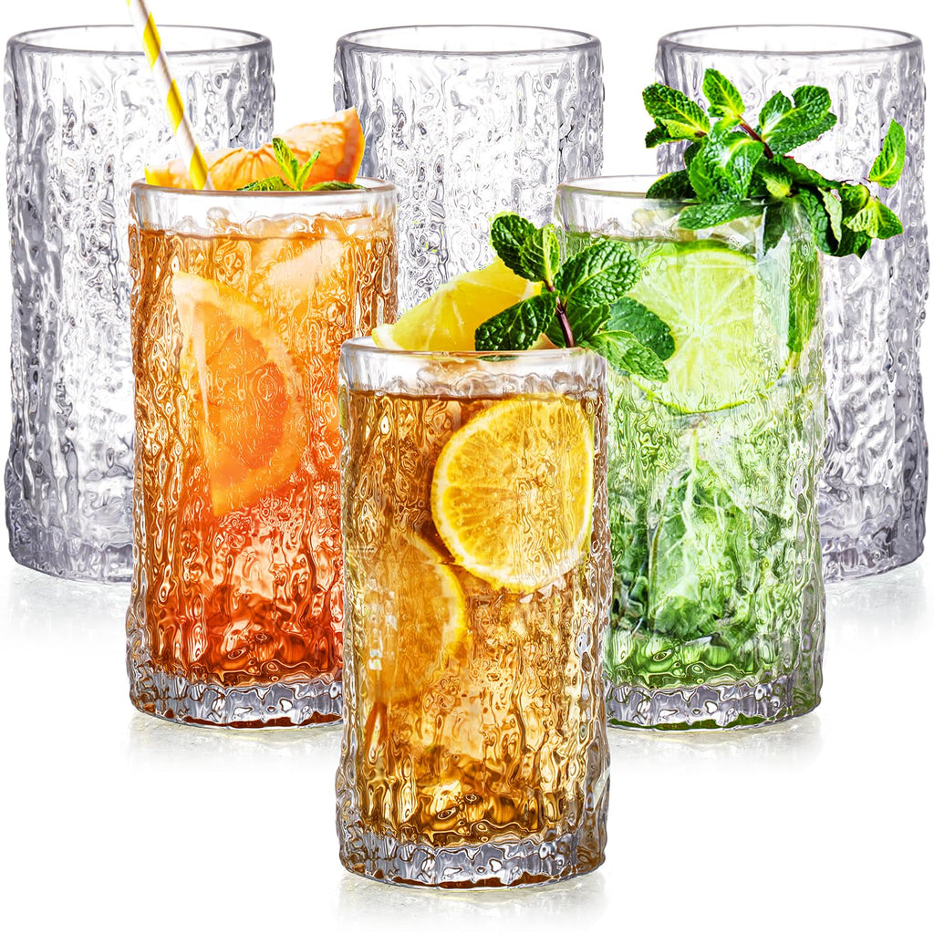 Cididu Set of 6 Textured Drinking Glasses, 12 oz Embossed Highball Water Glasses, Iced Tea Beverage Glass Thick Heavy Base, Vintage Glassware Sturdy Drinkware for Juice, Milk, Coffee, Dishwasher Safe