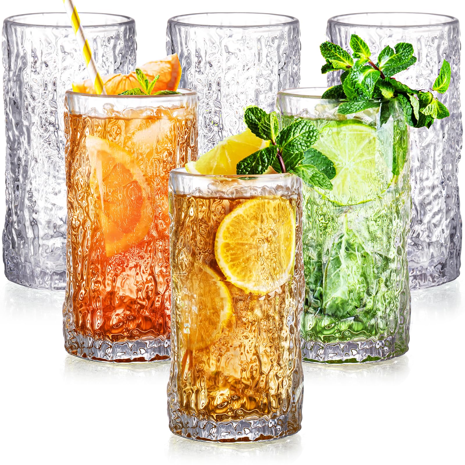 Cididu Set of 6 Textured Drinking Glasses, 12 oz Embossed Highball Water Glasses, Iced Tea Beverage Glass Thick Heavy Base, Vintage Glassware Sturdy Drinkware for Juice, Milk, Coffee, Dishwasher Safe