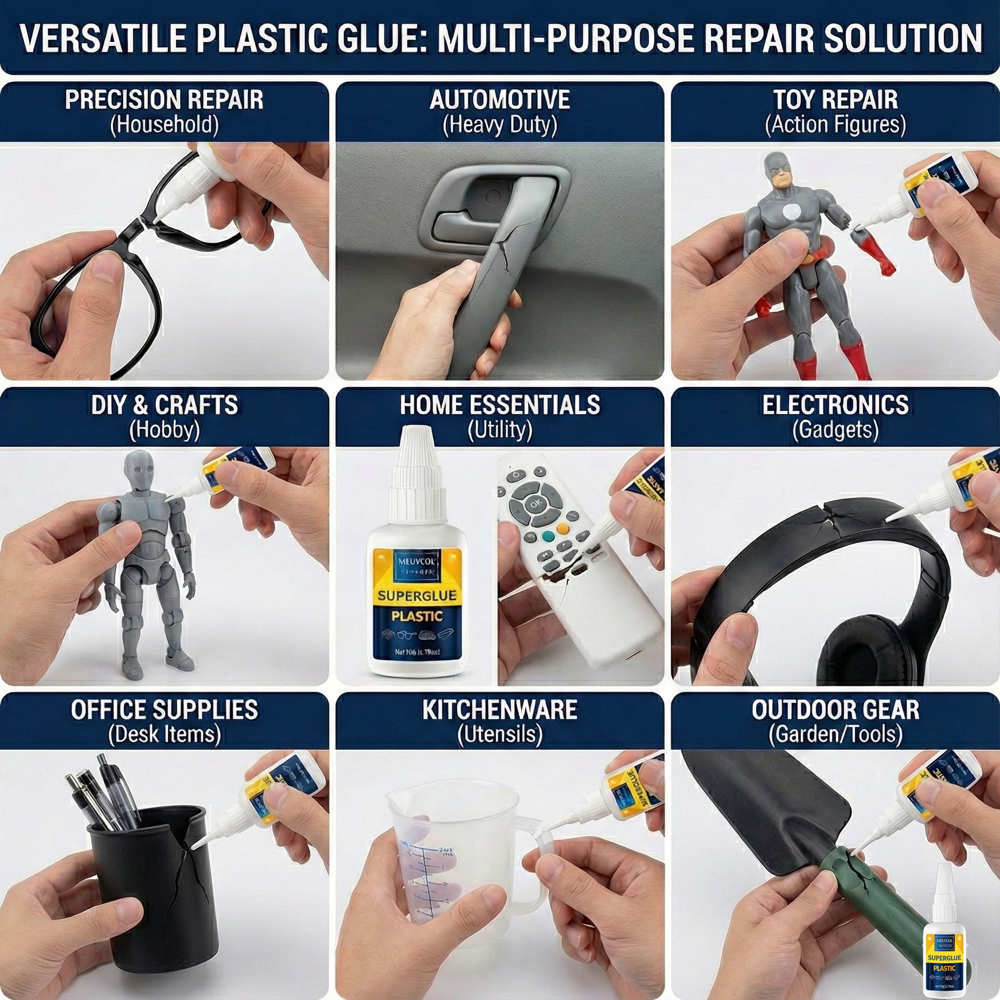 Meuvcol Plastic Glue 100g for Model, 3D Printing Repair, Legos & Miniatures, Fast-Setting Heavy Duty Plastic Adhesive for PLA, ABS, PVC, Acrylic, Car, Includes 6 Precision Micro-Tips