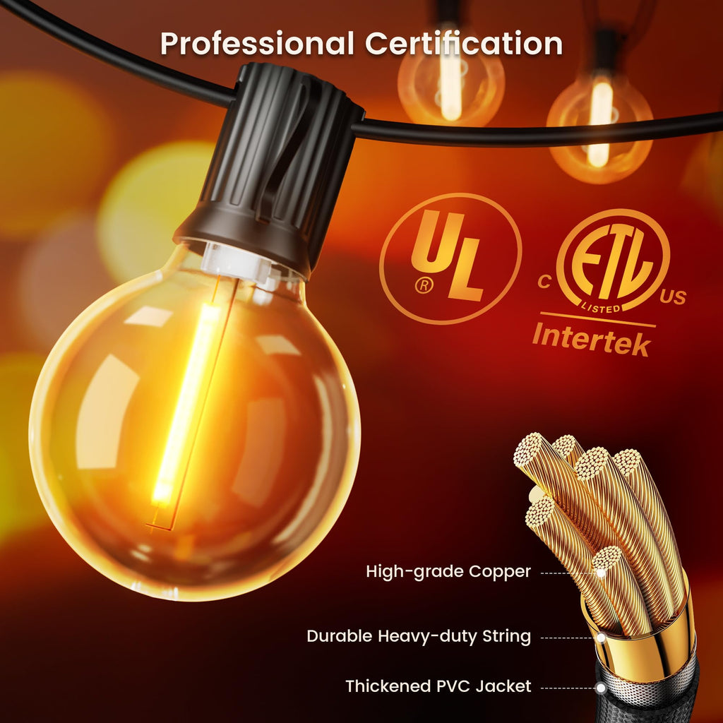 OHLUX Outdoor String Lights, 27FT G40 Globe LED Patio Lights with 13 Dimmable Plastic Bulbs 1 Spare, 2200K Waterproof Connectable Hanging Lights for Backyard Porch Cafe Party Decor, E12 Socket Base