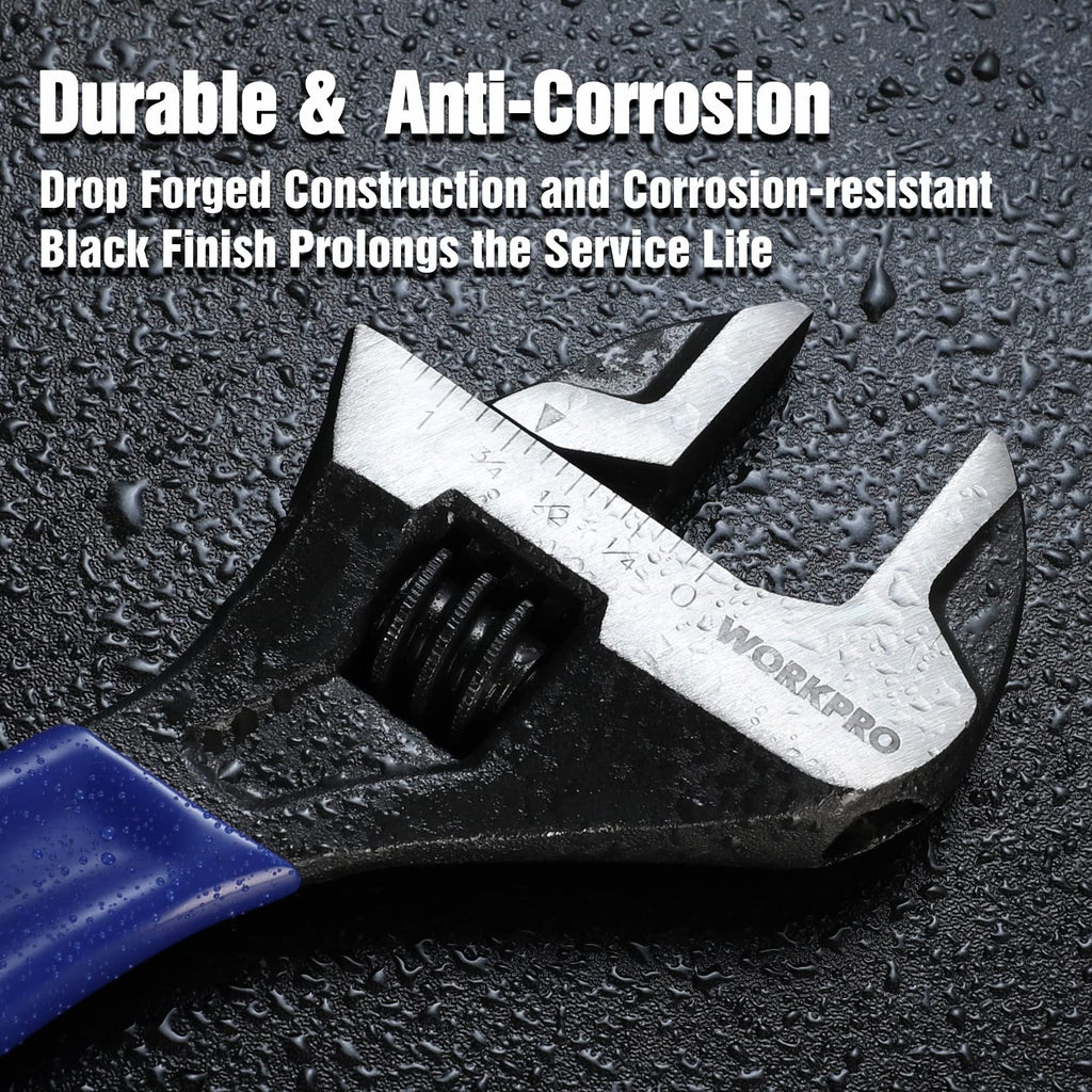 WORKPRO 8-Inch Adjustable Wrench, Cr-V Steel Wrench, Wide Jaw Black Oxide Wrench, Metric & SAE Scales, for Home, Garage, Workshop and DIY - Blue