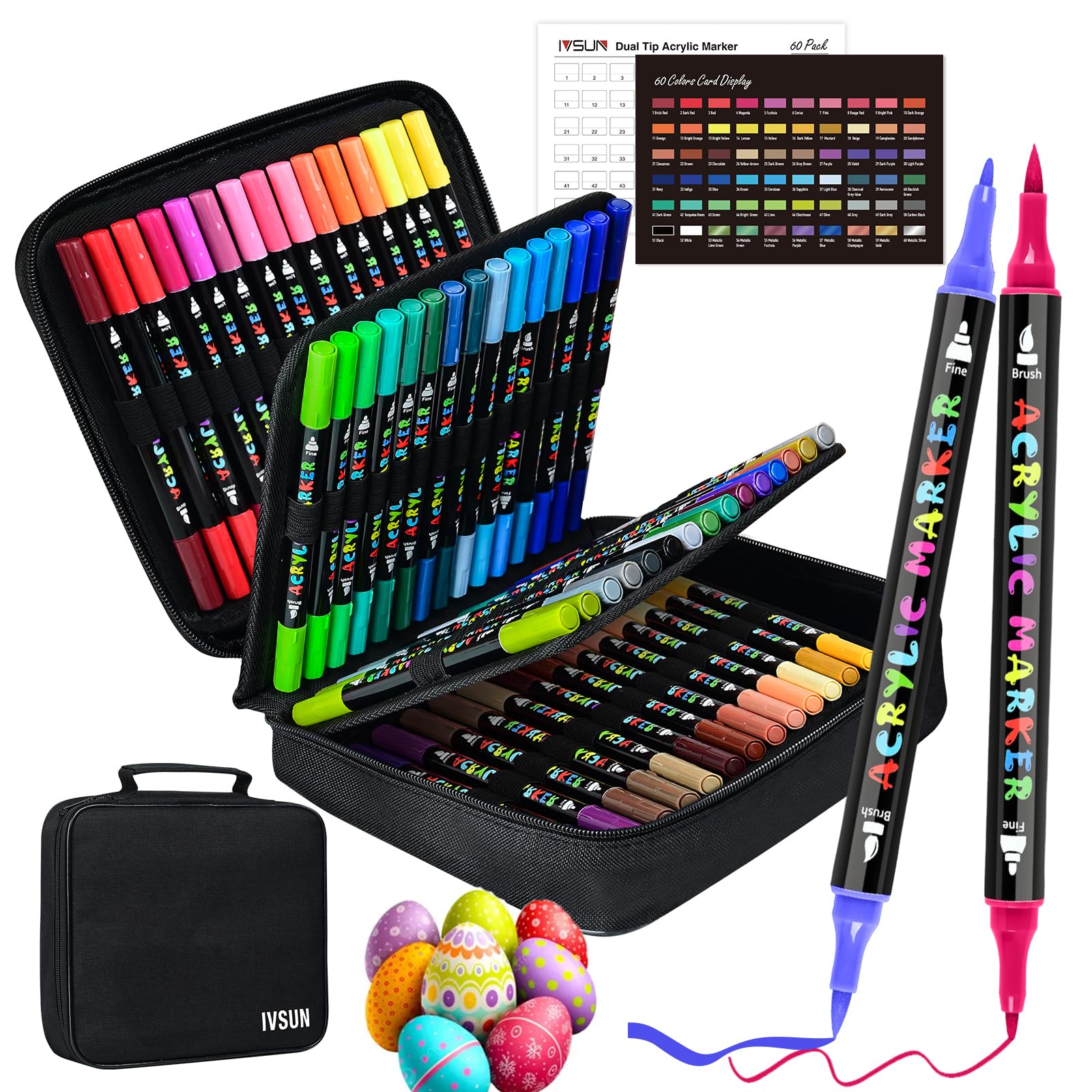 IVSUN Acrylic Paint Pens, 60 Colors Dual Tip Paint Markers with Fine Tip and Brush Tip for Stone, Wood, Canvas, Calligraphy, Ceramic, Metal, Glass, Rock Painting, DIY Crafts Art Supplies Kit