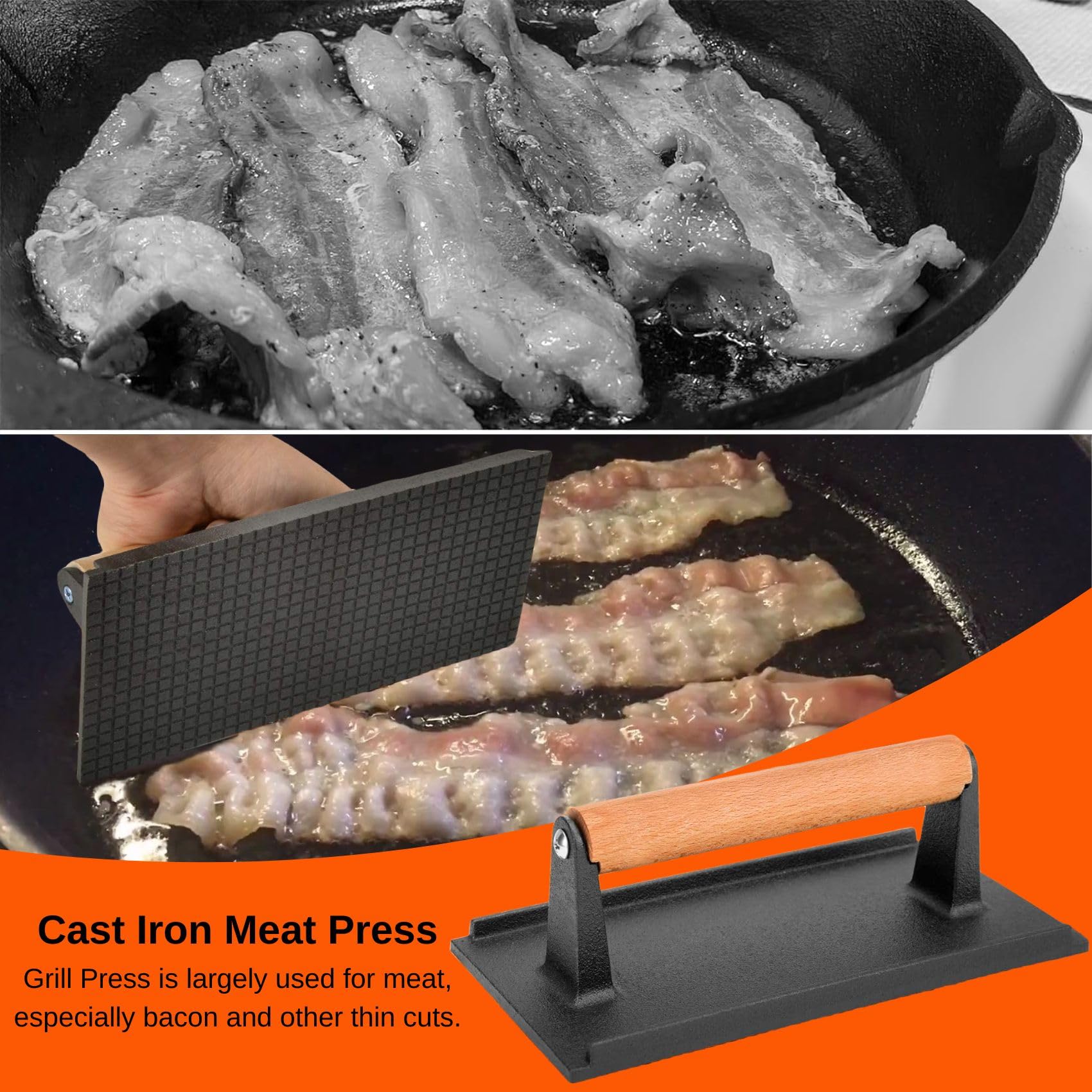 onlyfire Cast Iron Meat Press Grill Press with Wooden Handle, Great for Squeezing Fat from Meats, Flattening Bacon, Paninis, and Burgers