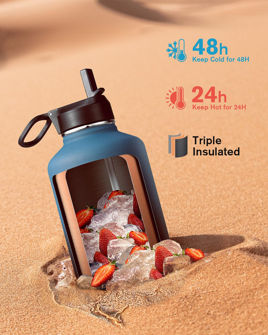 Half Gallon Water Bottle Insulated with Straw & 3 Lids, Coolflask 64 oz Water Jug Large Metal Stainless Steel Wide Mouth for Sports, Gym or Office, BPA-Free Keep Cold 48H Hot 24H, Magic Black
