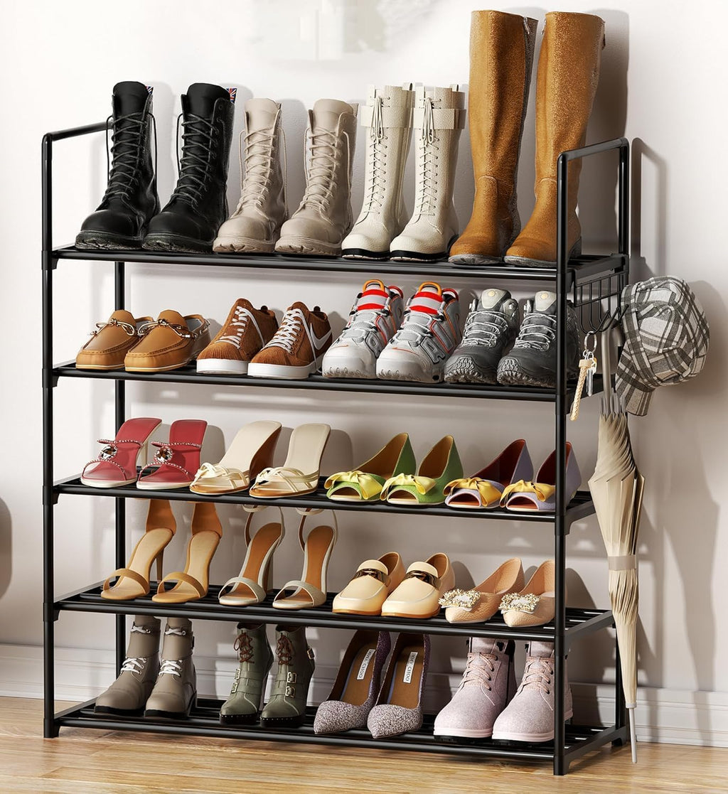 HOMICKER Shoe Rack,5 Tier Shoe Organizer Large Shoe Storage with Hooks,Fit 20-25 Pairs Shoes,Mental Shoe Shelf for Closet,Entryway,Garage,Bedroom