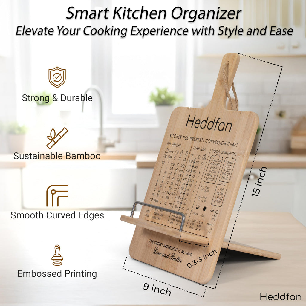 Adjustable Cookbook Stand with Conversion Chart & Built in Blackboard – Bamboo Recipe Book Holder for Kitchen Counter, Great for All Books, Phones, Tablets, & iPads