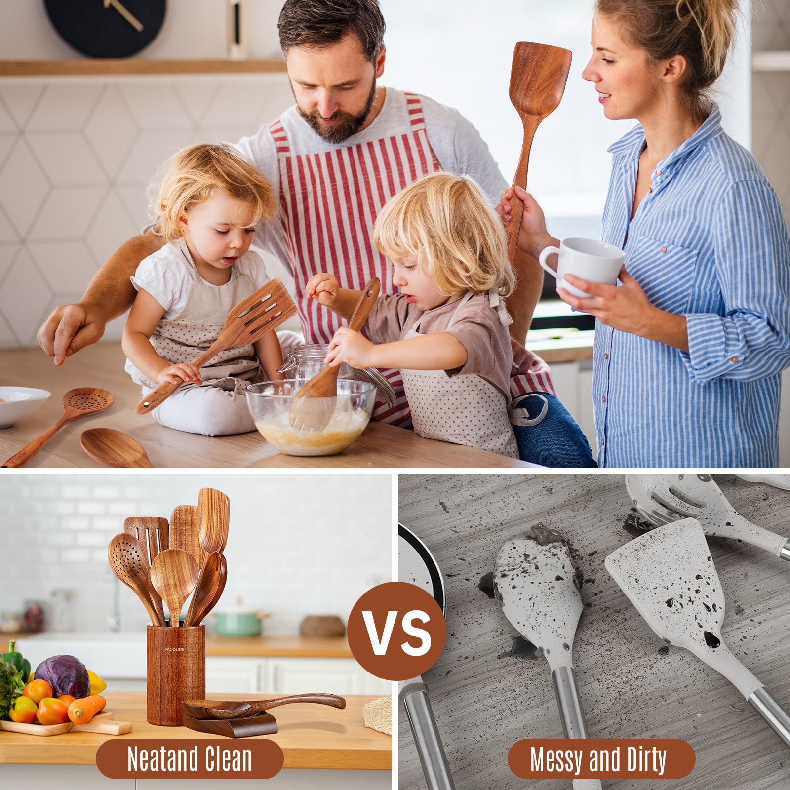 Wooden Spoons for Cooking, Wooden Utensils Set with Spoon Rest for Cooking, Natural Teak Wood Utensils Set NonStick Comfort Grip (9 PCS)