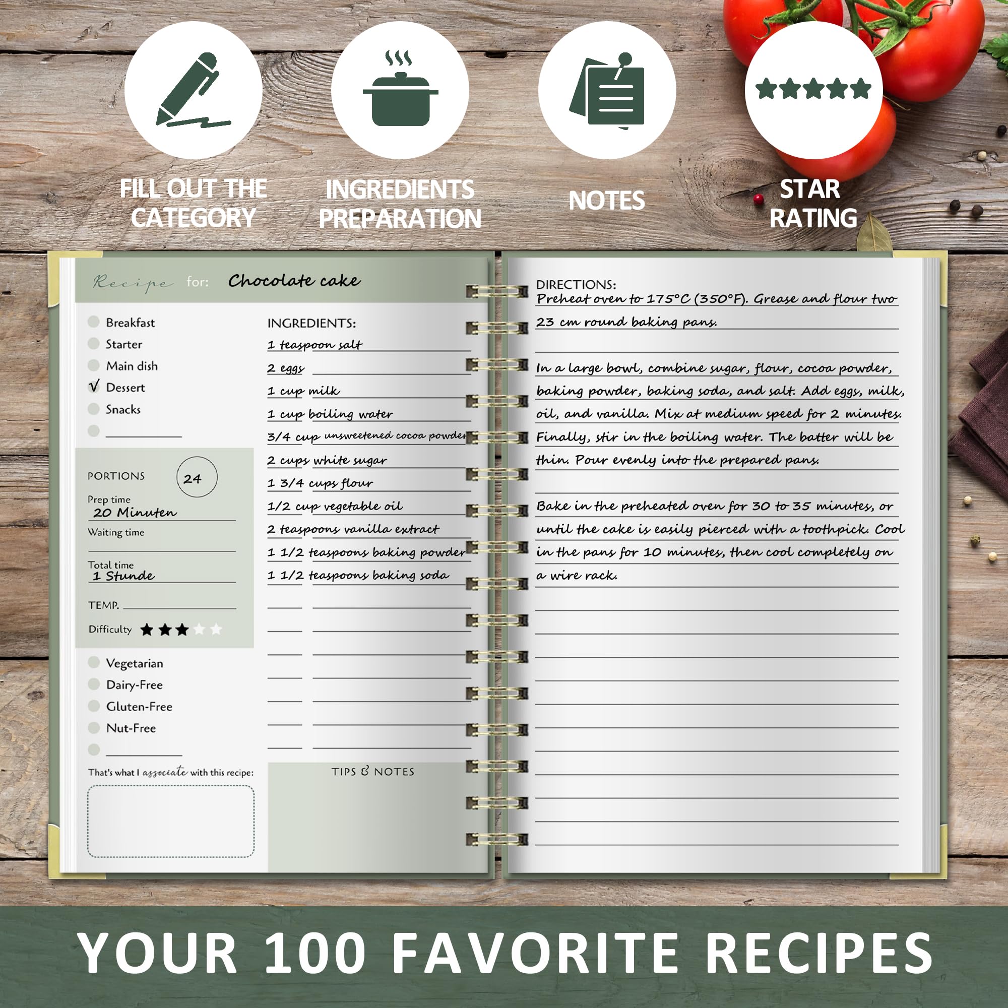 BIROYAL Recipe Book to Write in Your Own Recipes - Blank Recipe Journal - A5 Recipe Notebook for 100 Recipes - Sprial Hardcover Cook Book to Organize Your Recipes - Personalized Gift for Chef, Cooking Lover