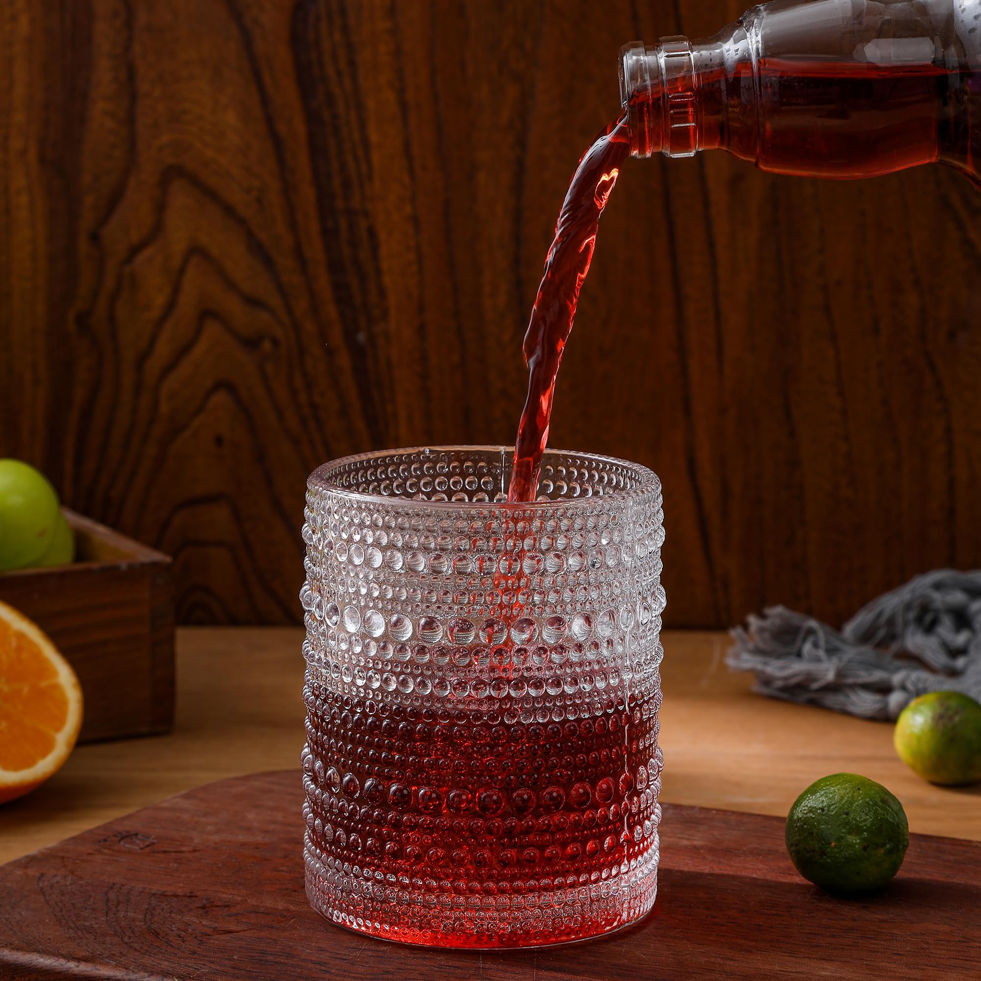 HomeVogue Hobnail Drinking Glasses Set of 6,12 oz Vintage Glassware Set Cocktail Glass Set, Embossed Clear Water Tumbler,for Beer, Whiskey,Juice and Various Mixed Drinks (Clear)