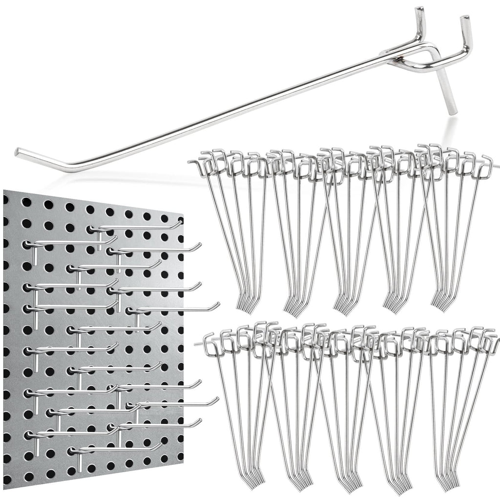 MAQIHAN 50PCS Pegboard Hooks for 1/8'' Boards - 6 inch Peg Board Tool Utility Hooks Silver Metal Pegboard Hooks Hanging Stainless Steel Display Wall Hooks Panneau Perforé Kit Storage Organizer Holder
