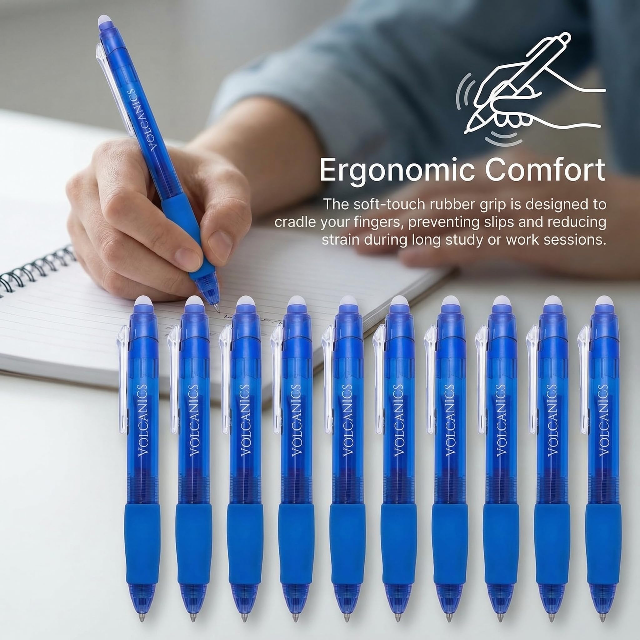 Volcanics Retractable Clicker Erasable Gel Pens - 0.7mm Ball Point, Heat Erase with Built-in Eraser, 36 Pack Blue