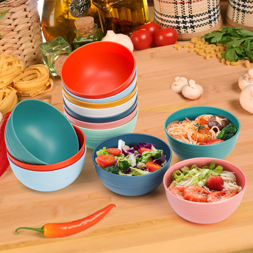 WRINGKIT 24 Pack Unbreakable Plastic Cereal Bowls, 26 Oz Lightweight Wheat Straw Bowl Set, Microwave Dishwasher Safe Soup Salad Bowl for Oatmeal, Ramen, Noodles, Oatmeal