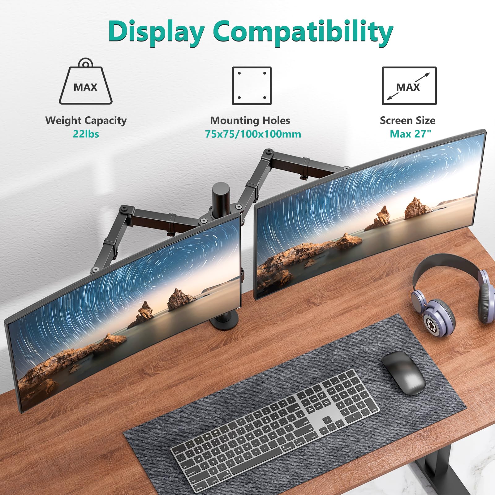 WALI Dual Monitor Arm for 13-27 inch Screens, Monitor Arms for 2 Monitors Holds up to 22 lbs Each, Fully Adjustable Dual Monitor Mount with Swivel Tilt Rotation, 75x75/100x100mm (M002), Black