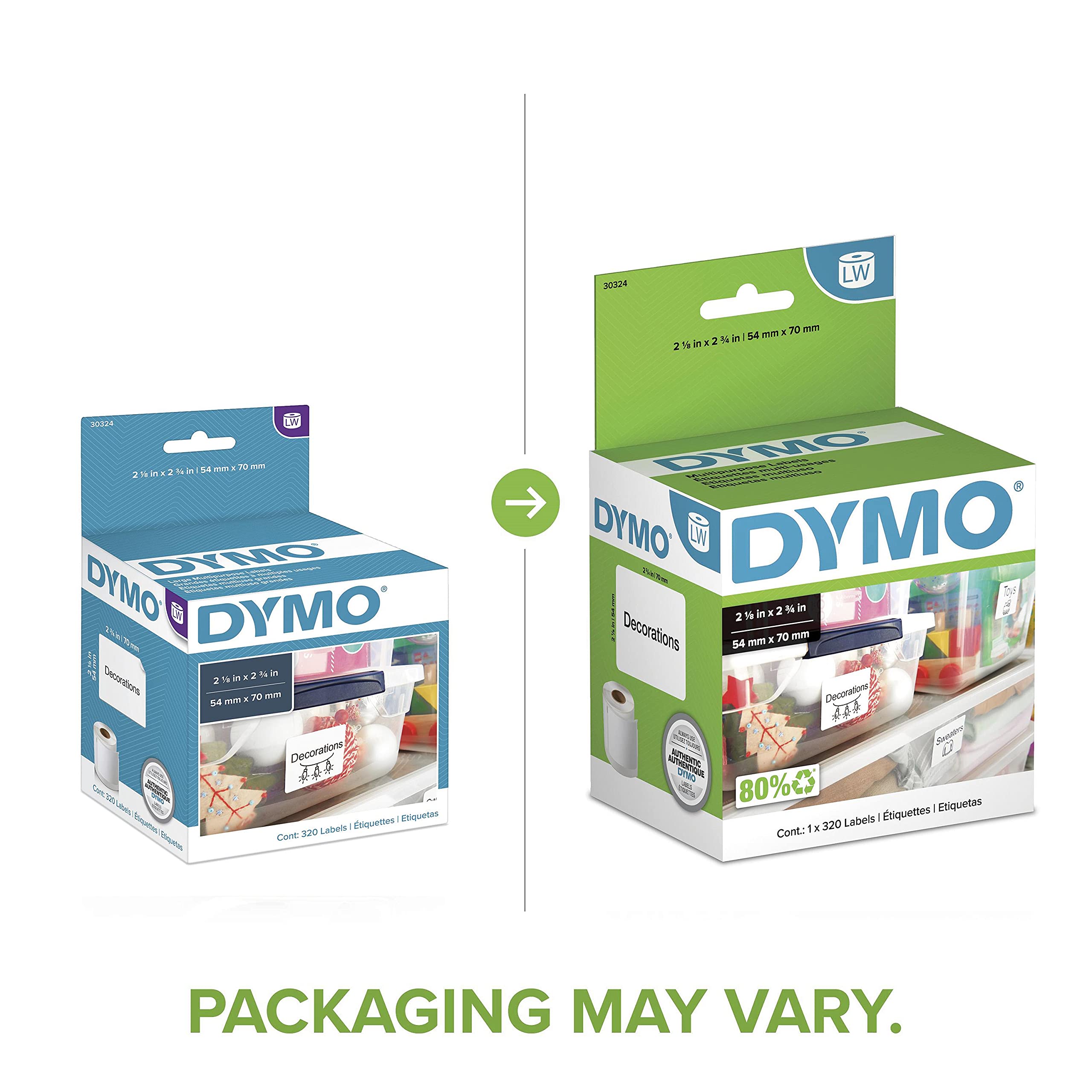 DYMO LW Large Multi-Purpose Labels | 2-1/8" x 2-3/4" (54 x 70mm) | Black Print on White Labels | for LabelWriter Label Printers | 1 Roll of 320
