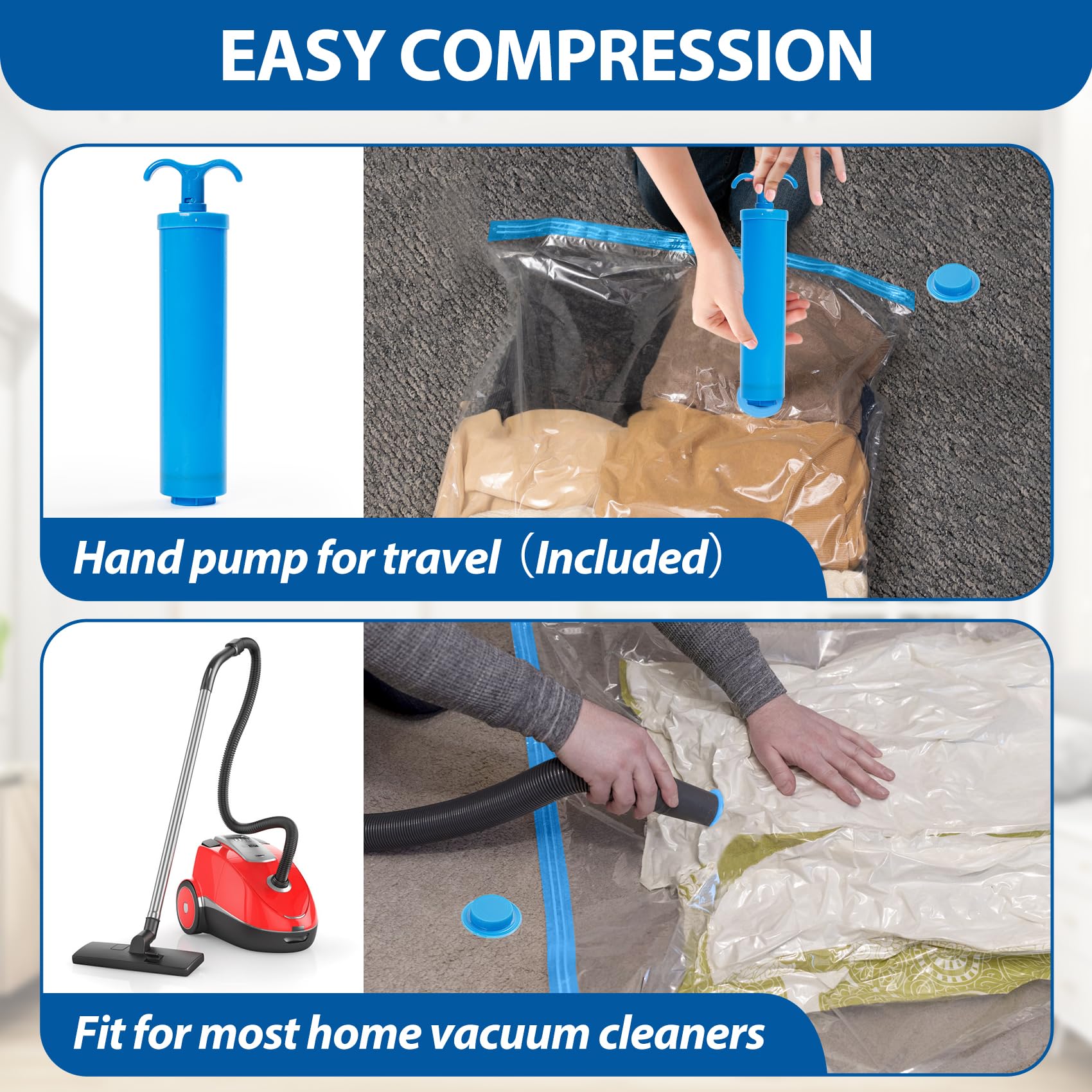 Vacuum Storage Bags 20 pack, Vacuum Bags for Travel Compression bag with Hand Pump, Vacuum Sealer Bags for Clothes, Luggage, Pillows, Blanket, Comforters, Space Saver Sealer Bags(5 S/5 M/5 L/5 Jumbo)