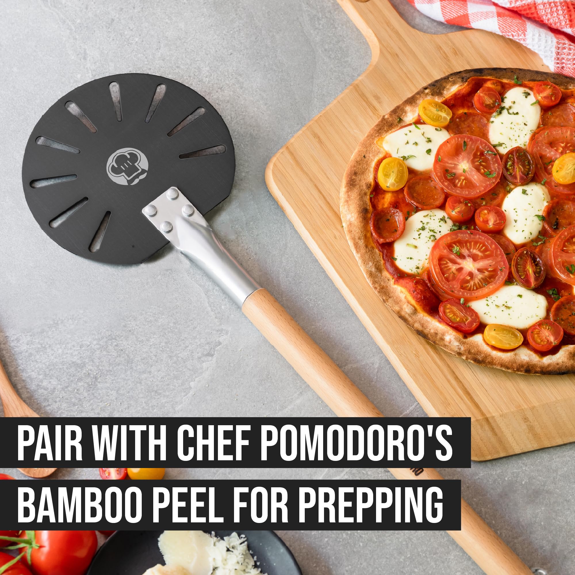 Chef Pomodoro Aluminum Turning Pizza Peel with Detachable Wood Handle for Easy Storage, Gourmet Luxury Pizza Paddle for Baking Homemade Pizza Bread (9-Inch)