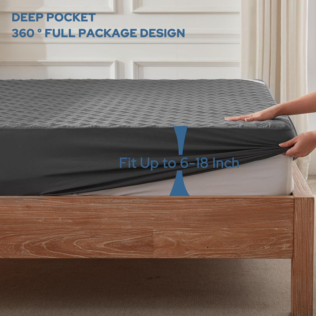 Waterproof Mattress Protector, Noiseless Queen Size Mattress Pad with Deep Pocket Fitted Up to 6"-21", Soft & Breathable Dirt-Proof Bed Mattress Cover Washable for Home, Bedroom, Hotel (Gray)