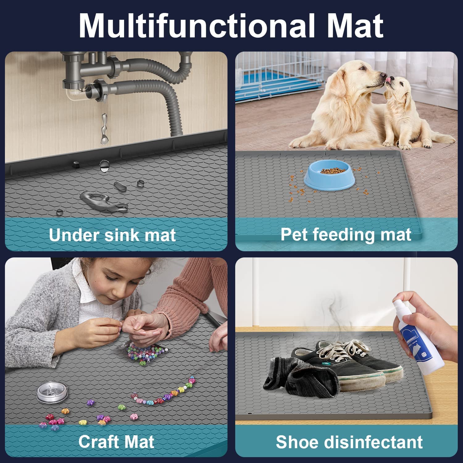 CATECASE Under Sink Kitchen Cabinet Mat, 28" x 22" Flexible Waterproof Silicone Made, Under Sink Mats for Kitchen Waterproof Cabinet Protector & Drip Tray Liner,(Gray)
