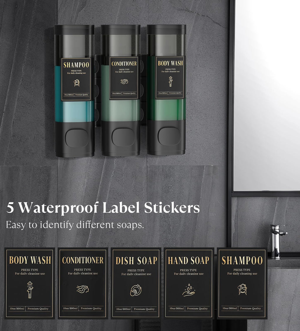 Luxspire Shampoo and Conditioner Dispenser, No Drill Wall Mounted Shower Soap Dispenser 3 Chamber with Waterproof Labels, Easy Refill Soap Dispenser for Bathroom Hotel Kitchen, Black