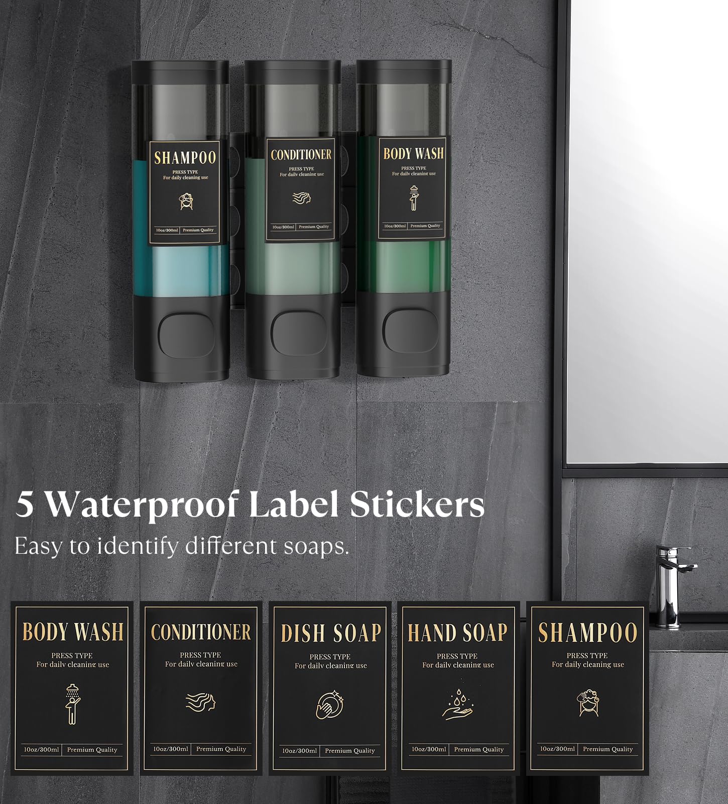 Luxspire Shampoo and Conditioner Dispenser, No Drill Wall Mounted Shower Soap Dispenser 3 Chamber with Waterproof Labels, Easy Refill Soap Dispenser for Bathroom Hotel Kitchen, Black