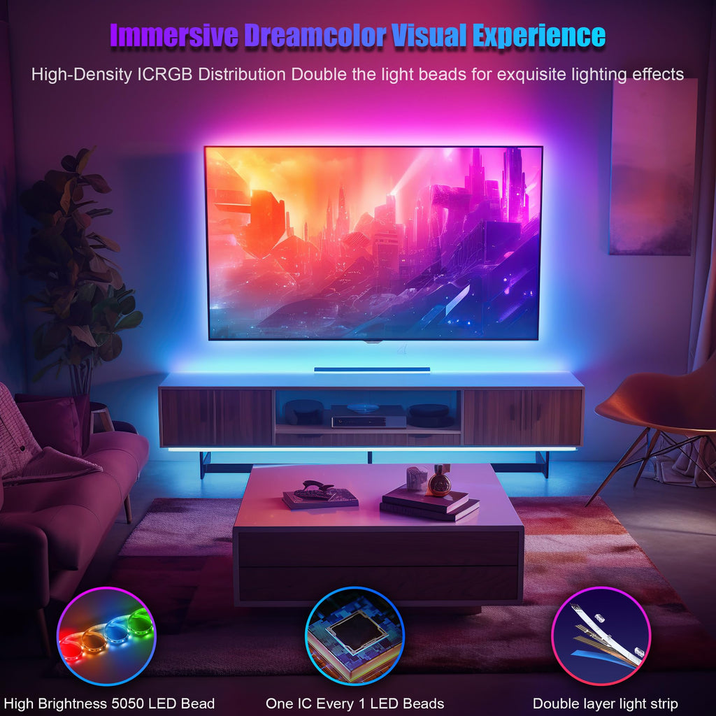 24.6FT LED Lights for TV - ICRGB TV LED Backlight Kit for 80-100 Inch, Work with APP & Remote Control, Music Sync TV LED Lights, TVs Lights Behind, USB Powered