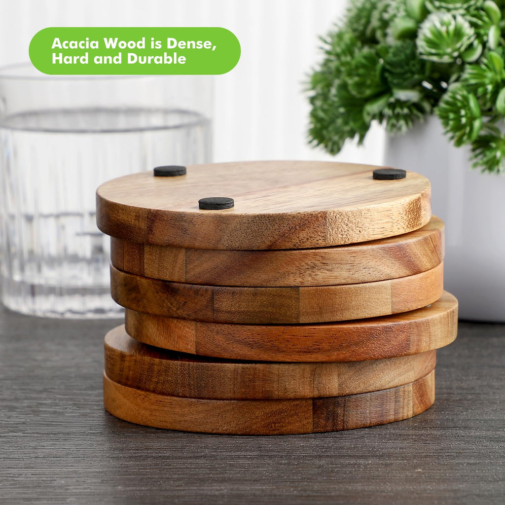 WLWNWFT Acacia Wood Round Coasters with Holder, Set of 6, Brown