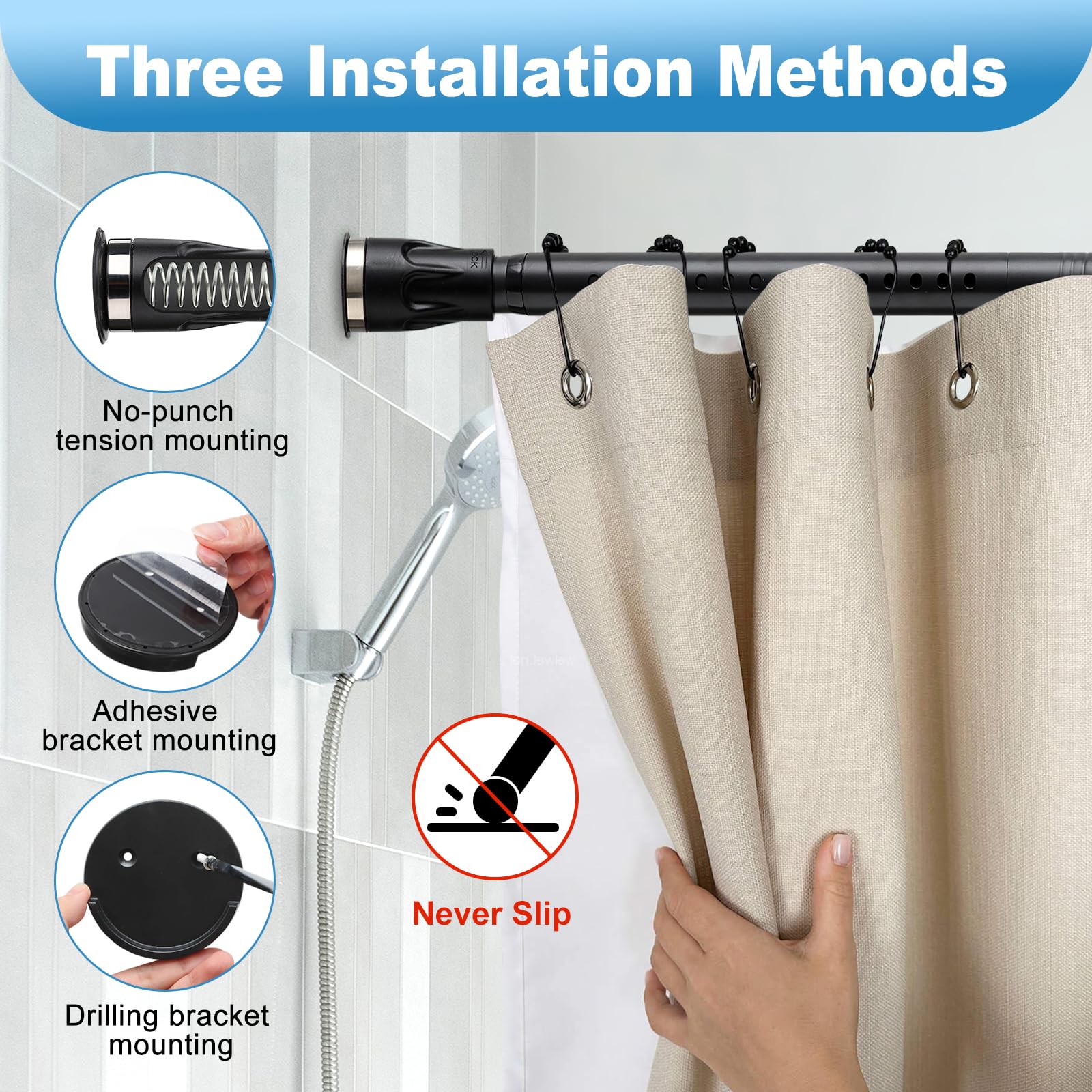 Tension Shower Curtain Rod, 42 to 100 inch Adjustable Heavy Duty black shower tension curtain rod for bathroom Closet Windows