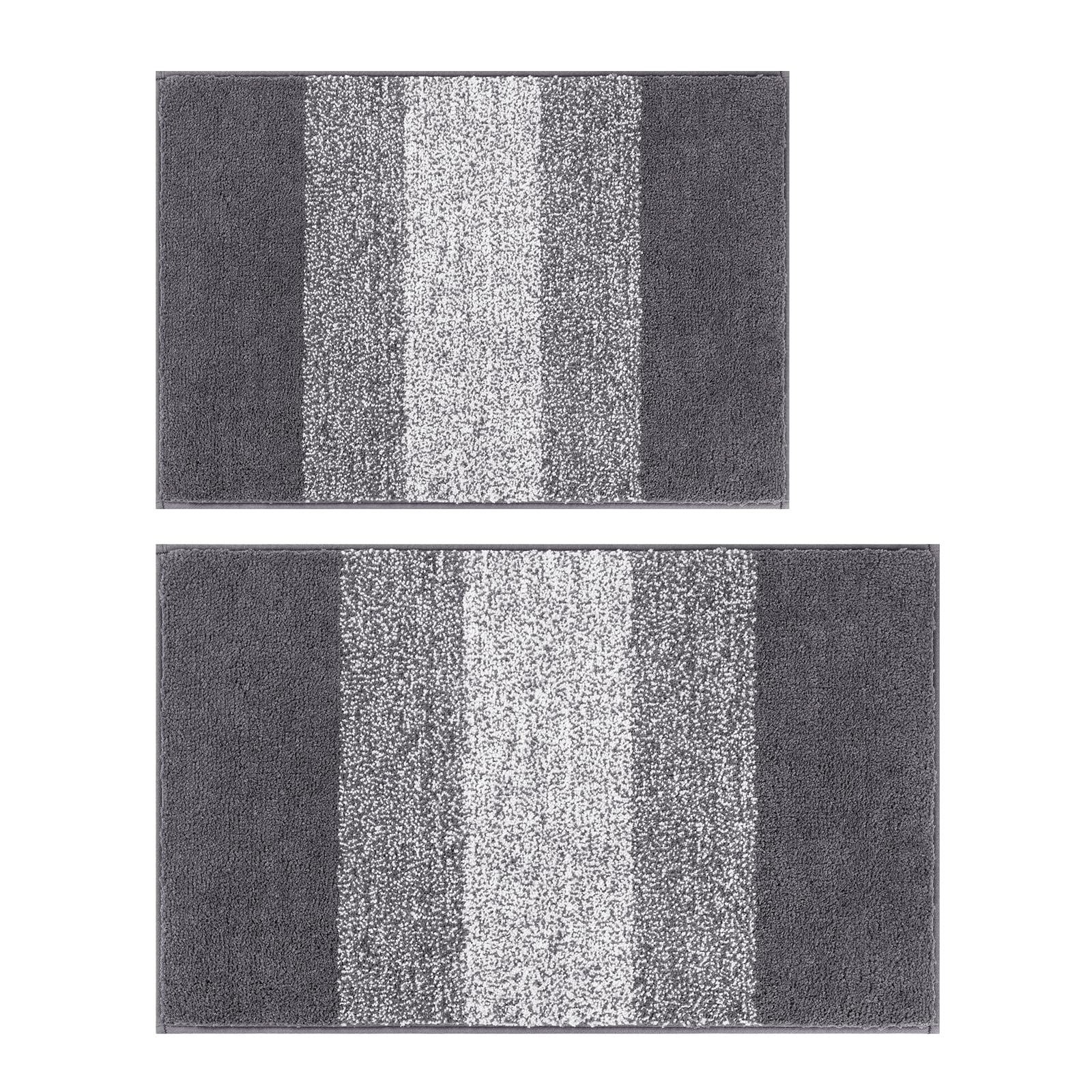 Vaukki Luxury Soft Bathroom Rugs Set of 2, Non Slip Washable Plush Bath Floor Mats, Microfiber Shaggy Absorbent Striped Bath Carpet for Tub, Bathroom and Shower (18''x26''+20''x32'', Grey)