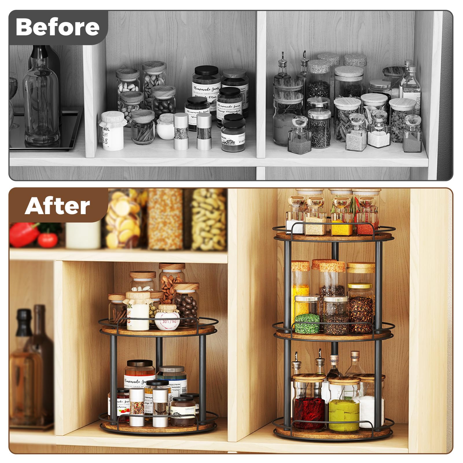 LAMU 10.2'' Wood Lazy Susan Turntable Organizer for Cabinet, 2 Tier Lazy Susan Spice Rack Organizer for Kitchen, Table Top, Countertop, Pantry, Medicine Organizer