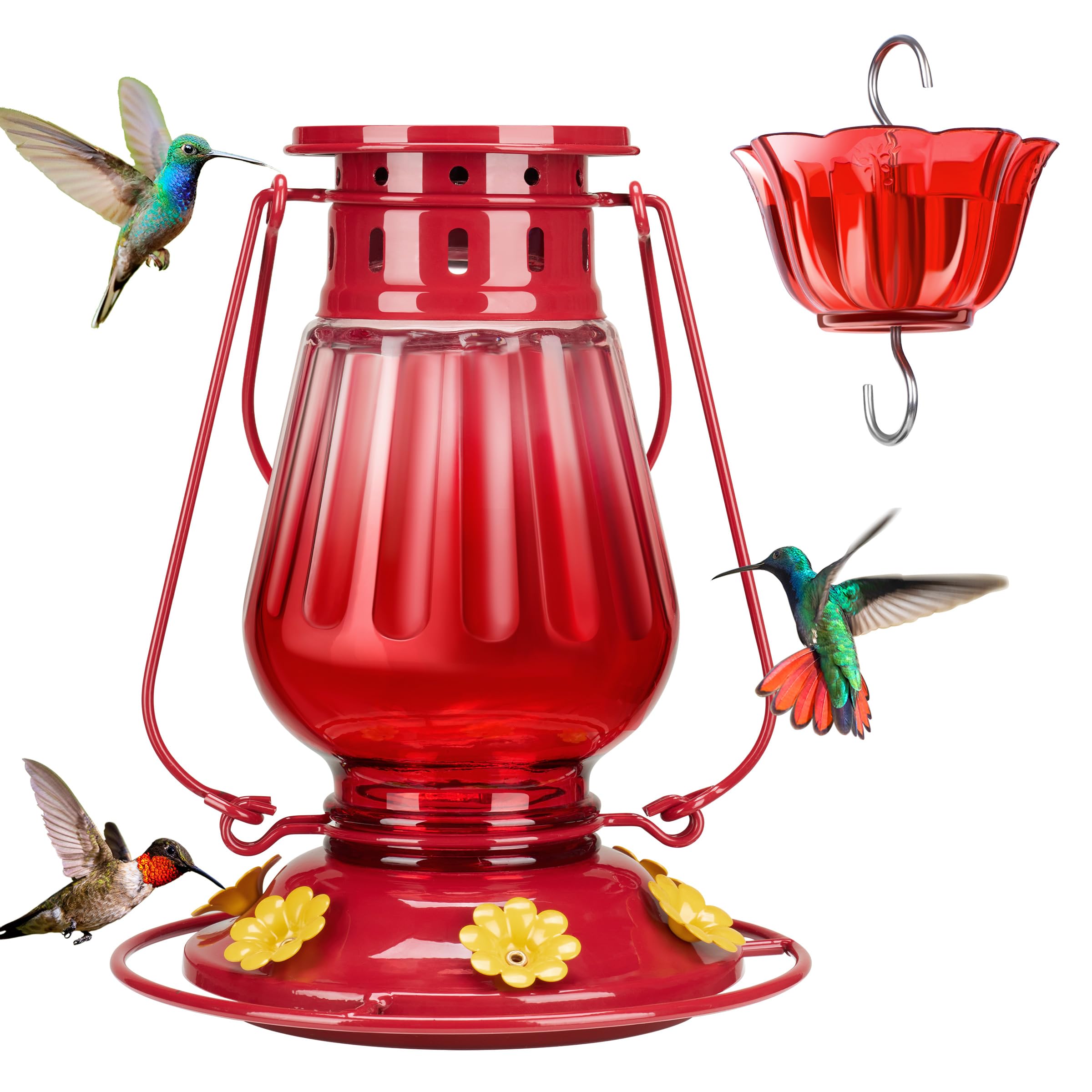 Kingsyard Glass Hummingbird Feeder for Outdoors Hanging - Vintage Lantern Style Leak-Proof Humming Bird Nectar Feeder with 6 Feeding Ports & Ant Moat for Outdoor Garden Decor, 24 Ounce, Red