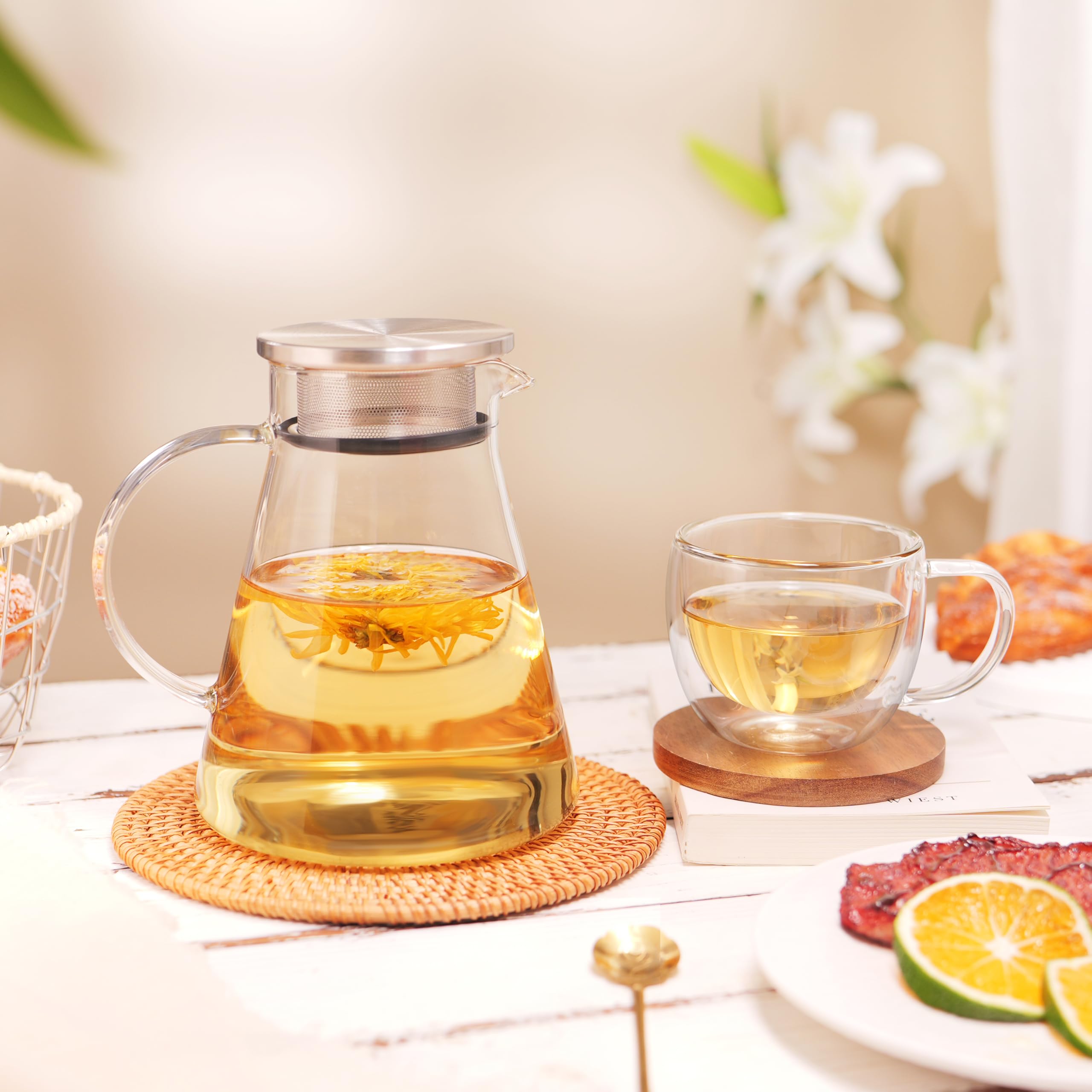 CNGLASS 30.5oz/900ml Glass Teapot Stovetop Safe,One-Touch Clear Tea Kettle,Blooming and Loose Leaf Tea Maker Set