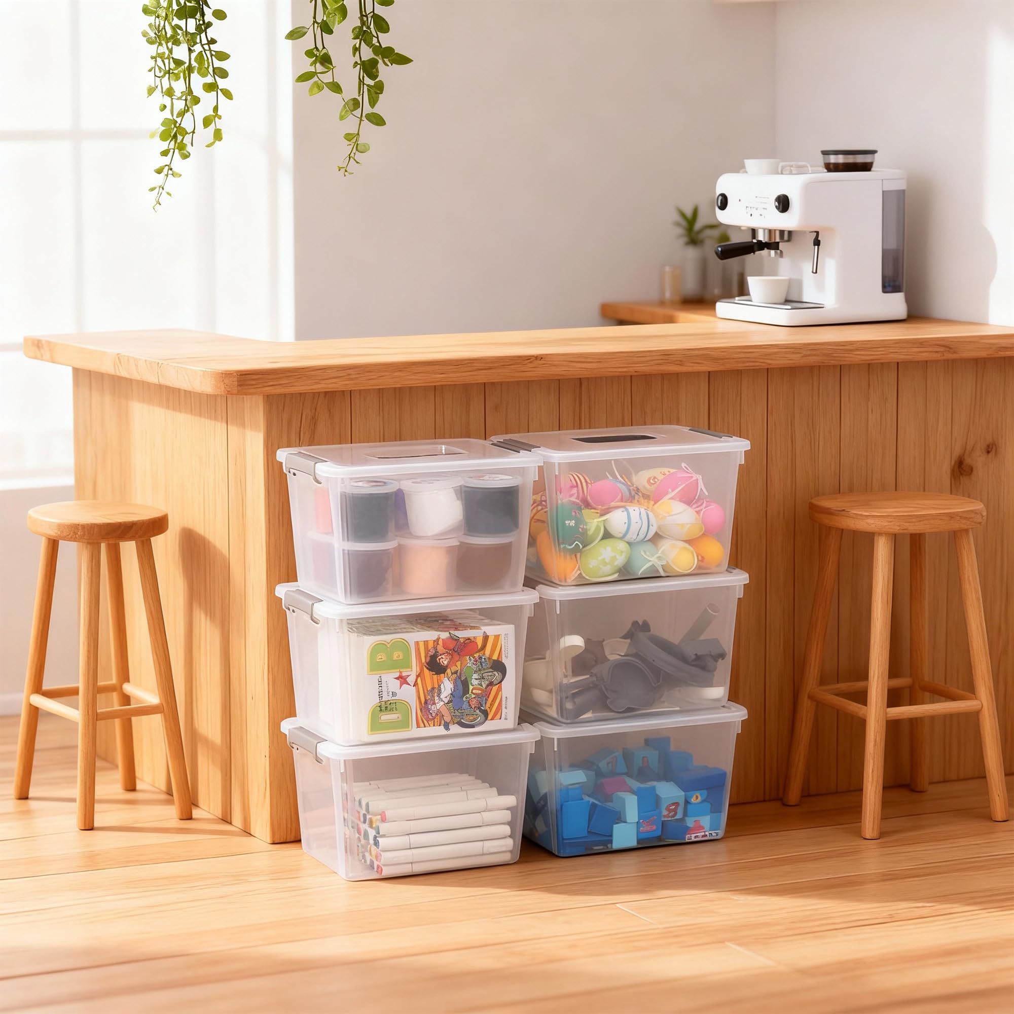 Citylife 6 Packs 5.3QT. Plastic Storage Bins with Latching Lids Clear Storage Box with handle Stackable Stoage Containers for Organizing Toys, Crafts, Tools