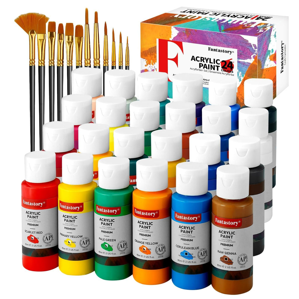 Fantastory Acrylic Paint Set 24 Classic Colors(2oz /60ml) with 12 Brushes, Good Coverage,Non-toxic,Non-fading, Waterproof, Acrylic Paint Kit for Artwork & DIY