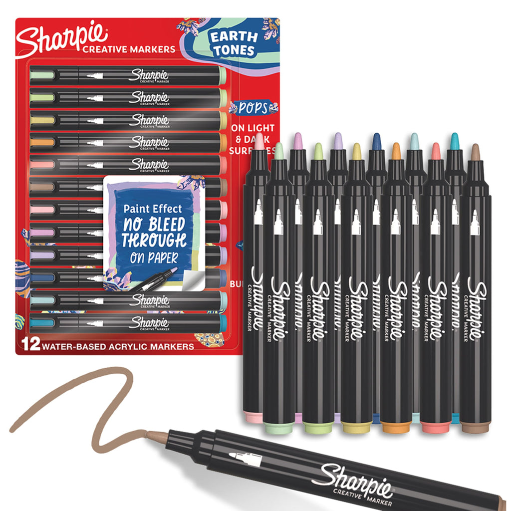 Sharpie Creative Markers, Earth Tones, Water-Based Acrylic Markers, Bullet Tip, Assorted Colours, 12 Count