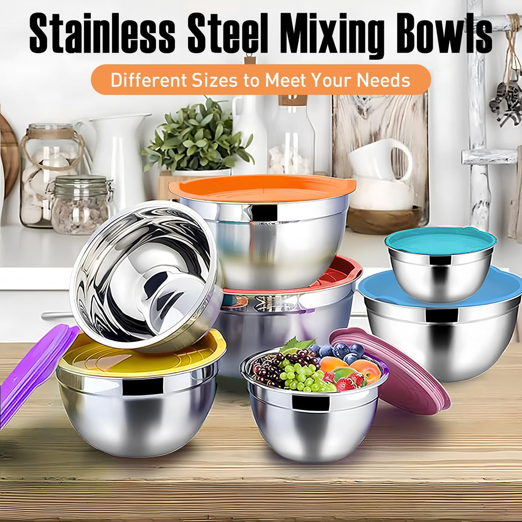 Menbyci 7 Pcs Mixing Bowls with Lids, Stainless Steel Nesting Bowls with 14Pcs Attachments, 3 Graters, Kitchen Utensils, Bowl Set for Kitchen Cooking Baking Prepping Serving