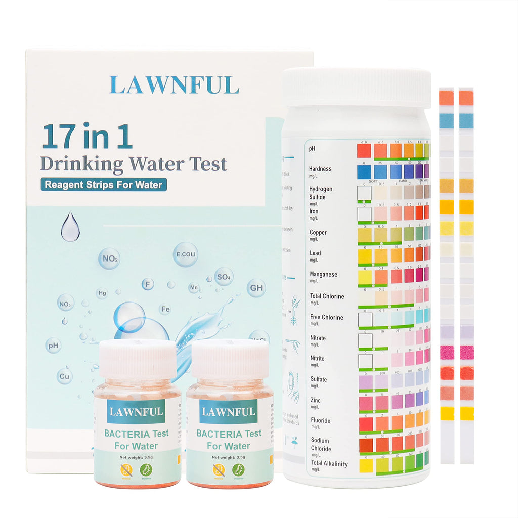Drinking Water Test Kit, LAWNFUL 17 in 1 Tap & Well Water Test Kit,100 Water Strips+ 2 Bacteria Tests, High Precision Home Water Test Kit Detect Bacteria, pH, Copper, Lead, Iron, Hardness and More