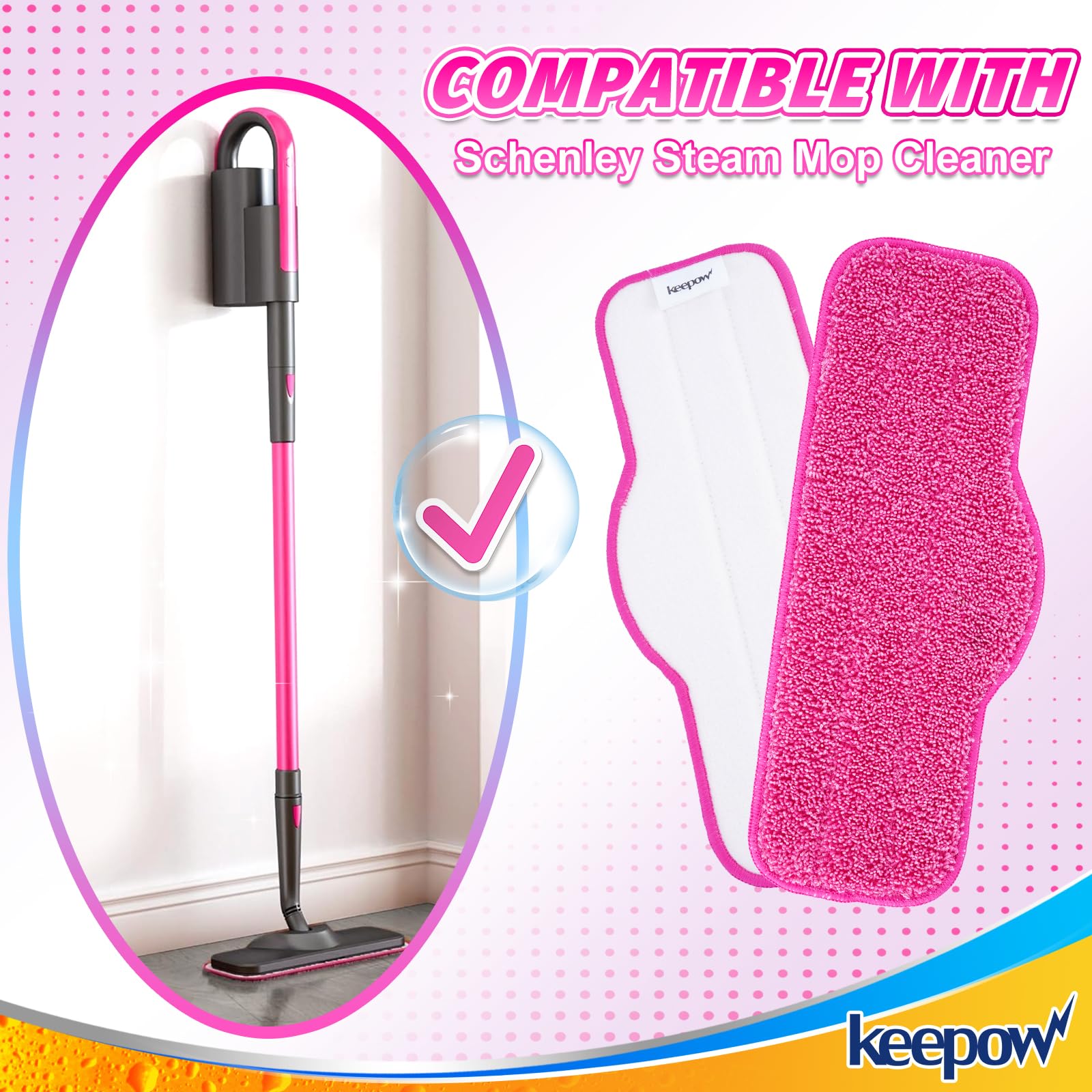 KEEPOW 6 Pack Microfiber Pads Steamer Mop Compatible with Schenley Steam Mop, Washable and Reusable Mopping Pads Replacement Accessories Fit for Steam Mop SLFCSM064 & SLFCSM063 Model