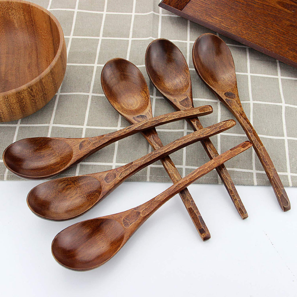 AOOSY Soup Spoons, 6 Pieces 7.84 inches Japanese Ramen Spoons Round Nanmu Wood Long Handle Rice Dessert Cooking Tasting Dinner Table Spoon for Kitchen Restaurant