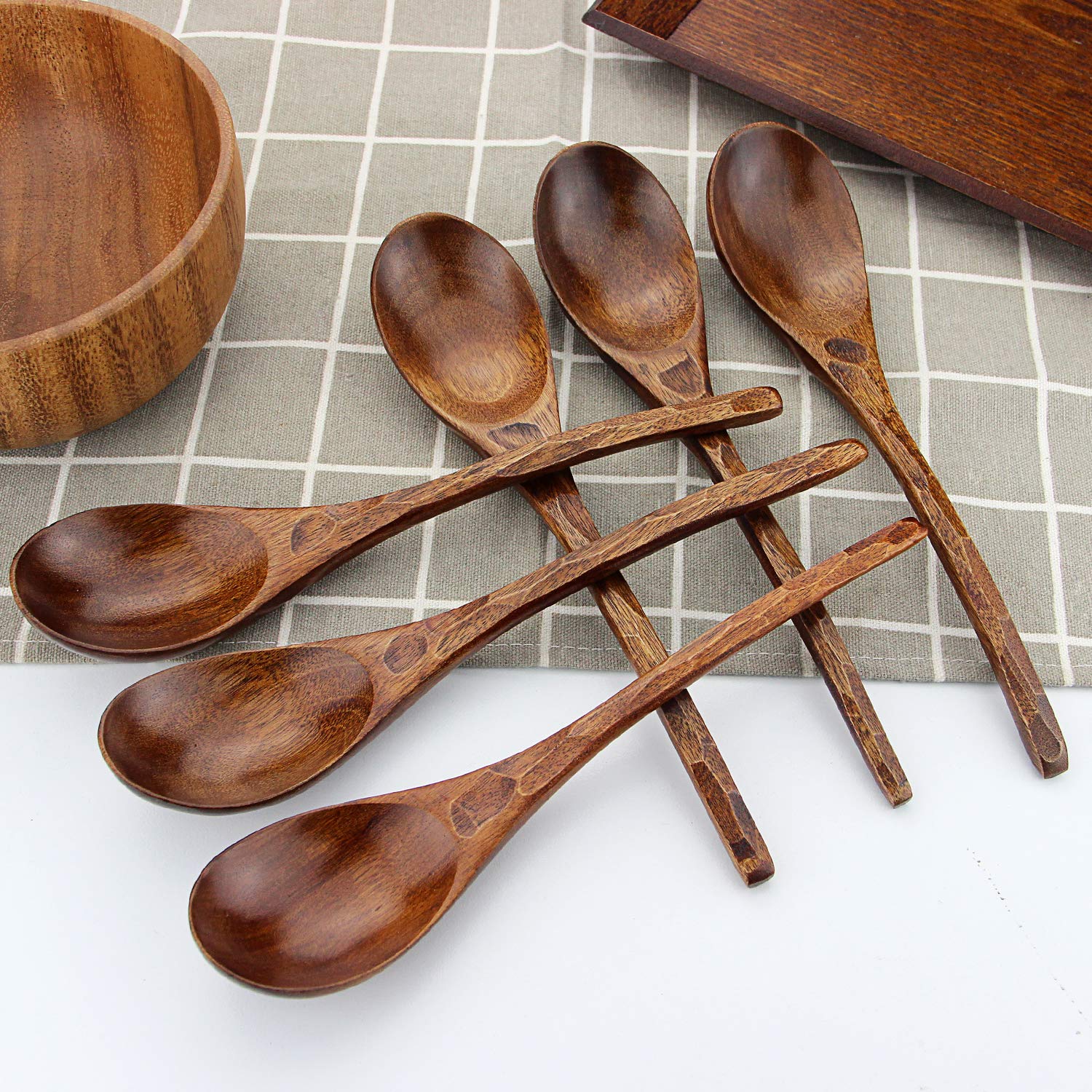 AOOSY Soup Spoons, 6 Pieces 7.84 inches Japanese Ramen Spoons Round Nanmu Wood Long Handle Rice Dessert Cooking Tasting Dinner Table Spoon for Kitchen Restaurant