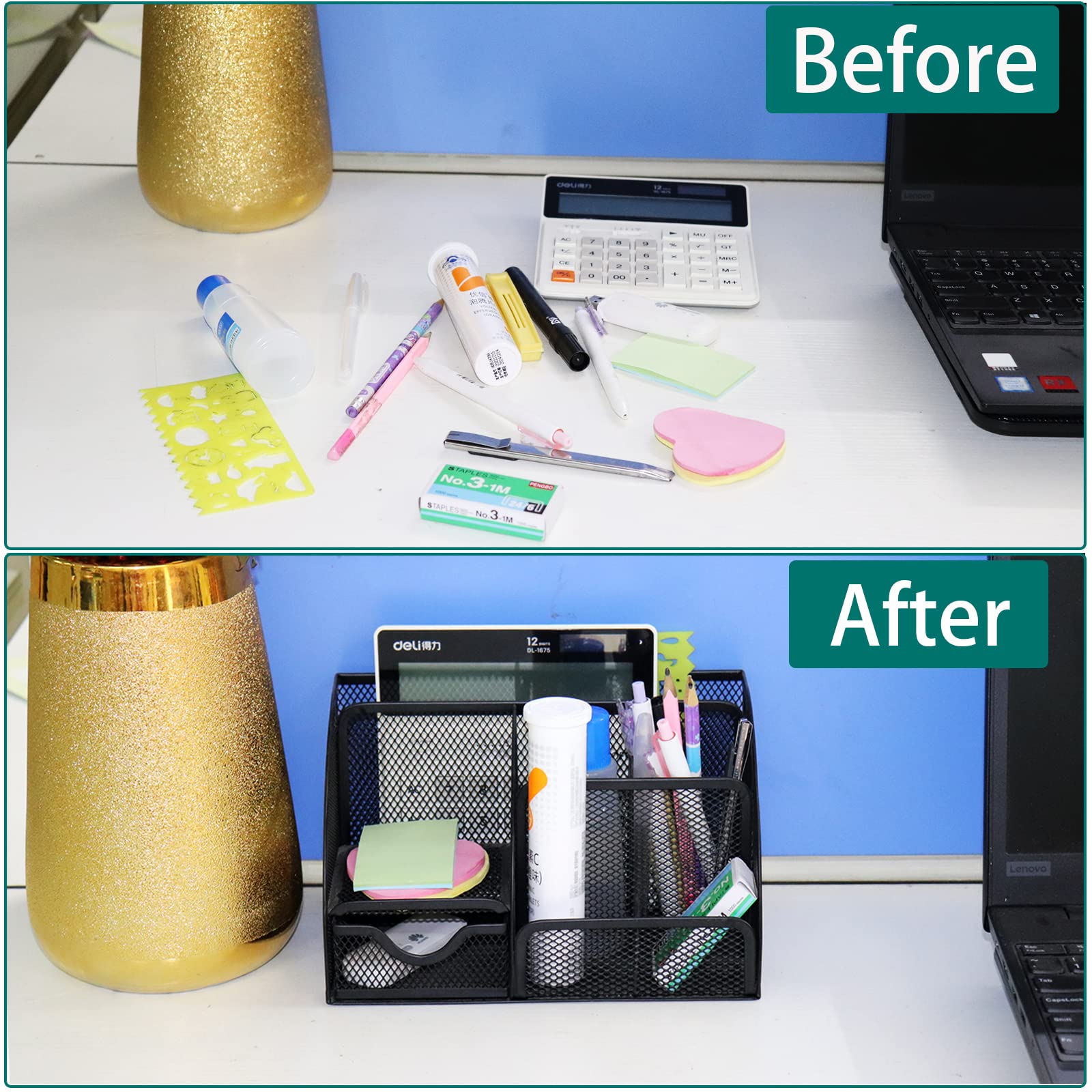 PYJLBX Desk Organizer, Pen Holder Desk Accessories, Metal Mesh Desk Organizers and Storage, Pencil Holder Desk Organizers Office Supplies Caddy Desk Storage with Draw for Home, Office, School (Black)