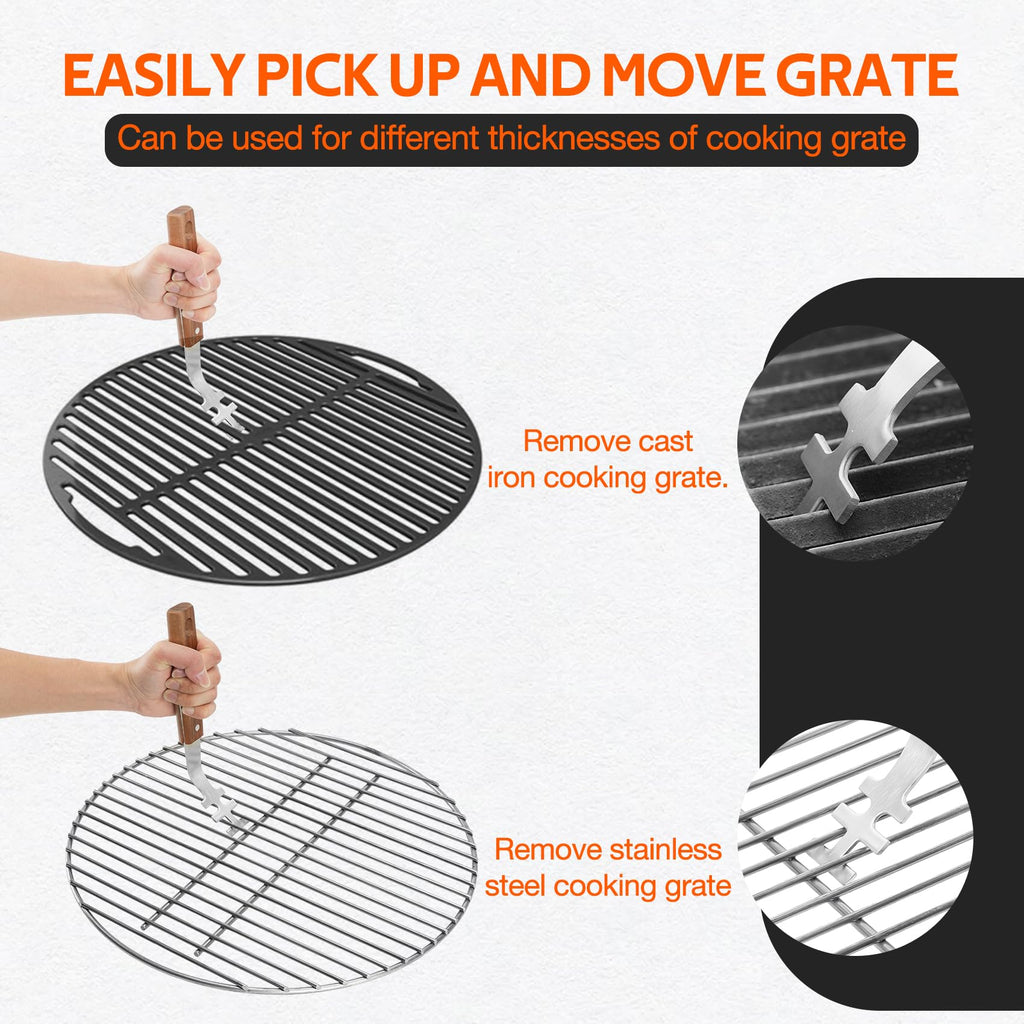 onlyfire 2PCS Stainless Steel Grill Grate Lifters with Acacia Wood Handle, BBQ Grate Lifter Tool for Safe Handling of Hot Grates, BBQ Accessories