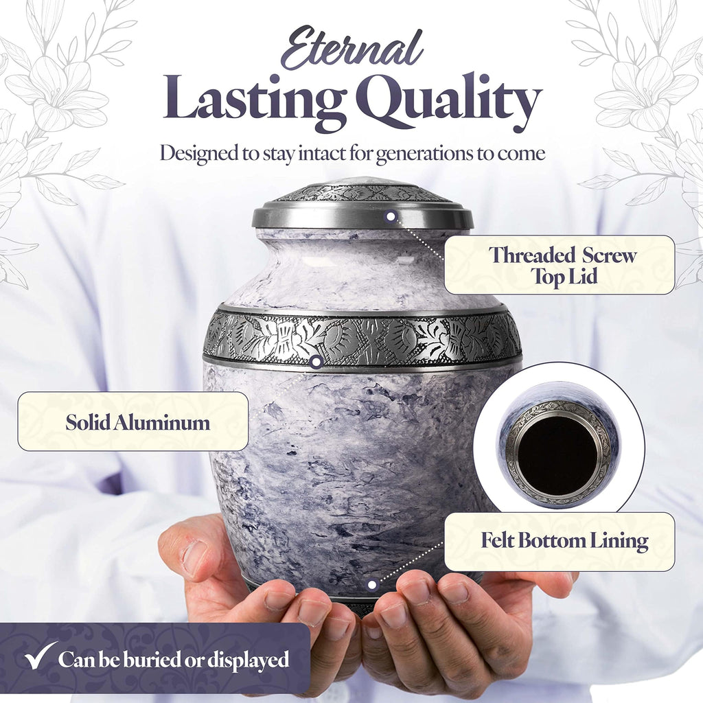 Cremation Urn for Adult Human Ashes - Large Handcrafted Funeral Memorial with Striking White (Pearl) Design (Aluminum - 10 Inch Height x 7 Inch Width)