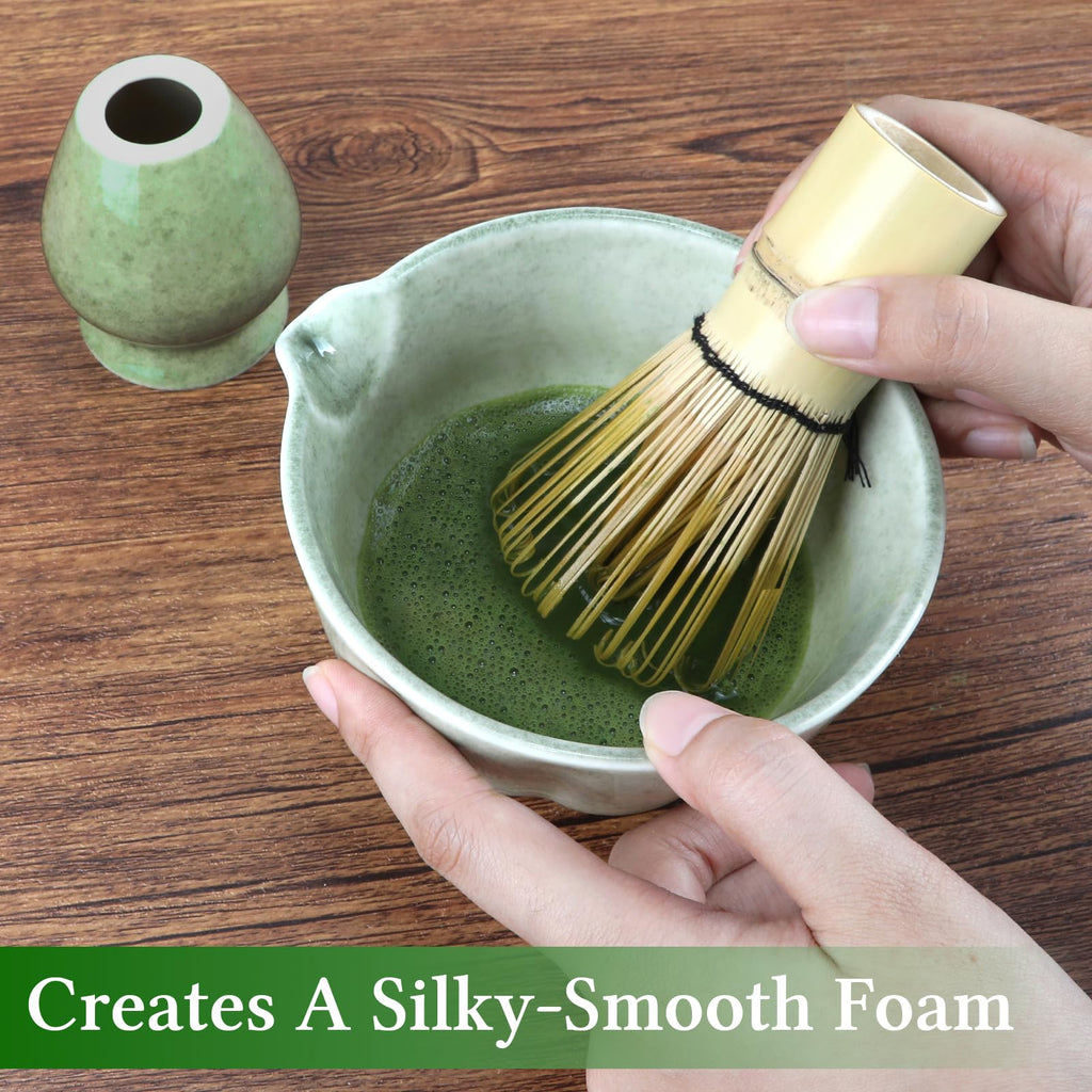 Matcha Whisk Set, 5 Pieces with Bamboo Matcha Whisk, Ceramic Chasen Holder, Powder Starter Sifter, Bamboo Scoop, Spoon, Matcha Tea Making Tools for Starter Matcha Lovers