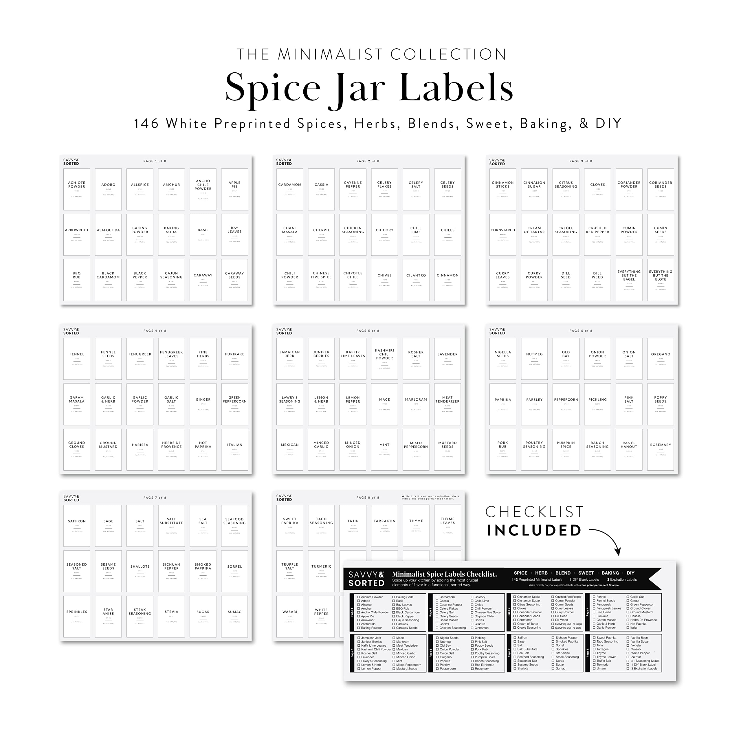 Minimalist Spice Jar Labels – 146 Preprinted Stickers for Spice, Herb & Seasoning Containers – Kitchen Pantry Organization