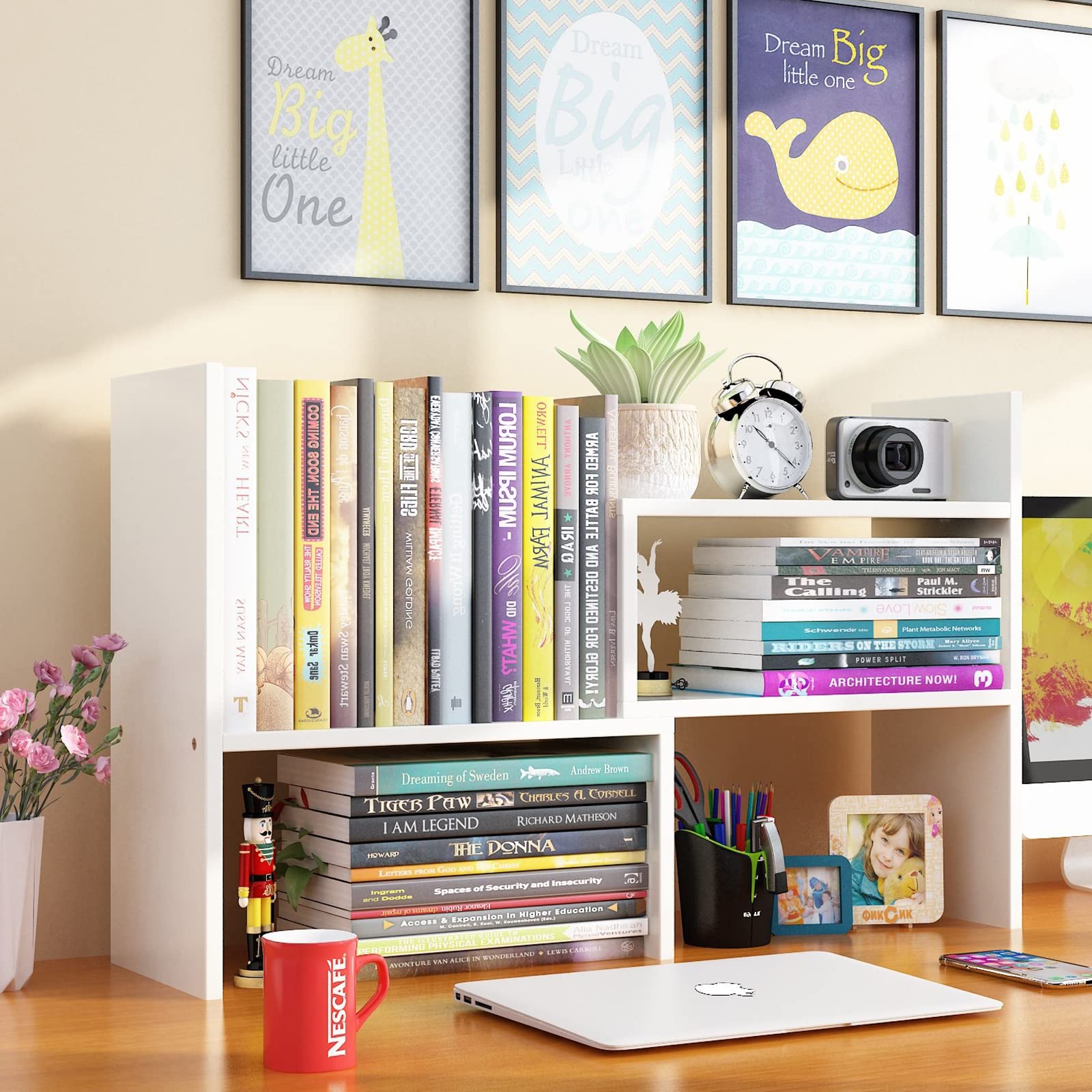 Olyzer Desktop Organizer Office Storage Rack, Adjustable Bookshelf Display Shelf, Versatility Office Supplies Desk Organizer, Free Style Expandable Desktop Bookcase Stand Shelf (White)